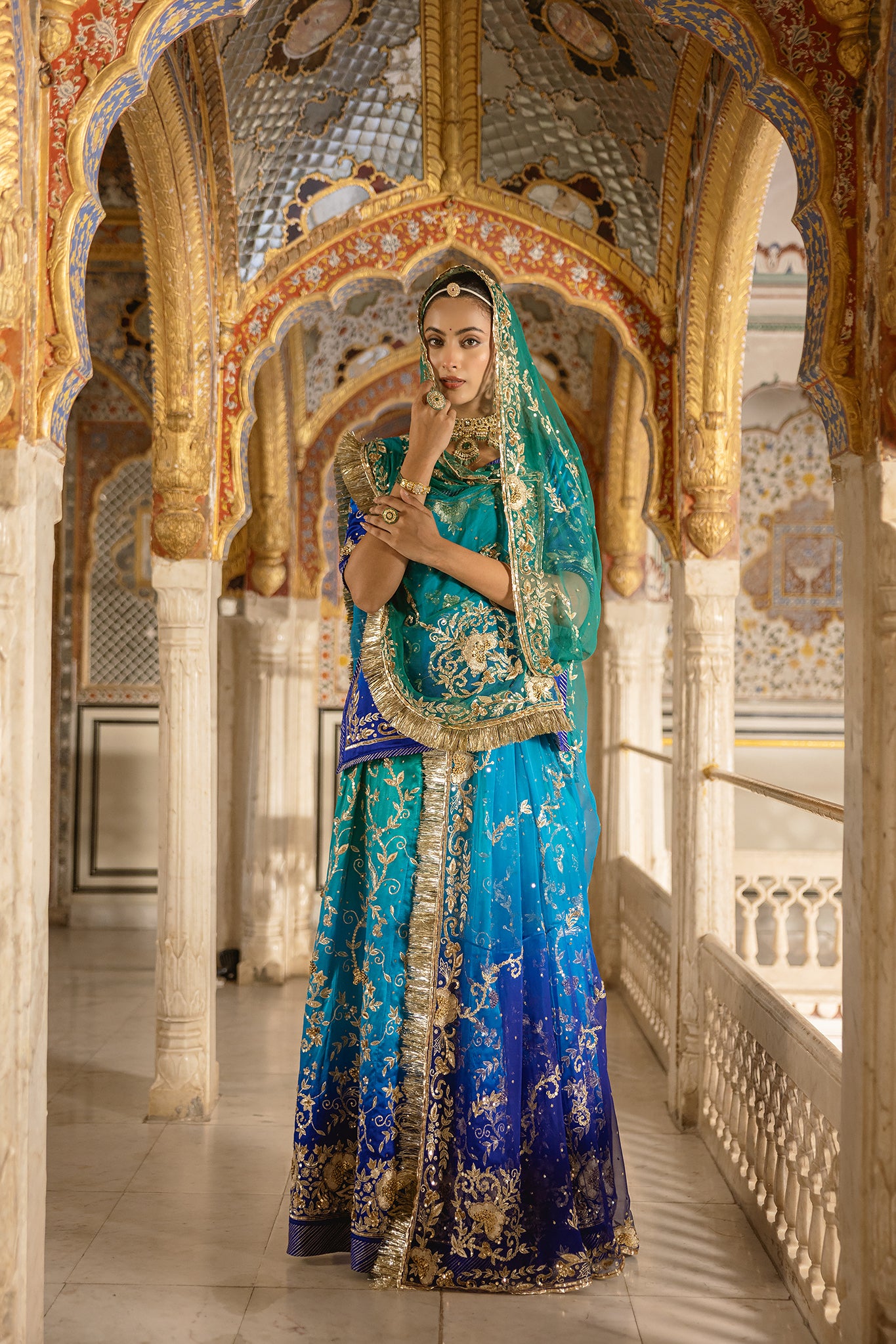 Peacock Shaded Pure Satin Aari Tari Zardozi Handwork Poshak With Pure Odhana (Unstitched)
