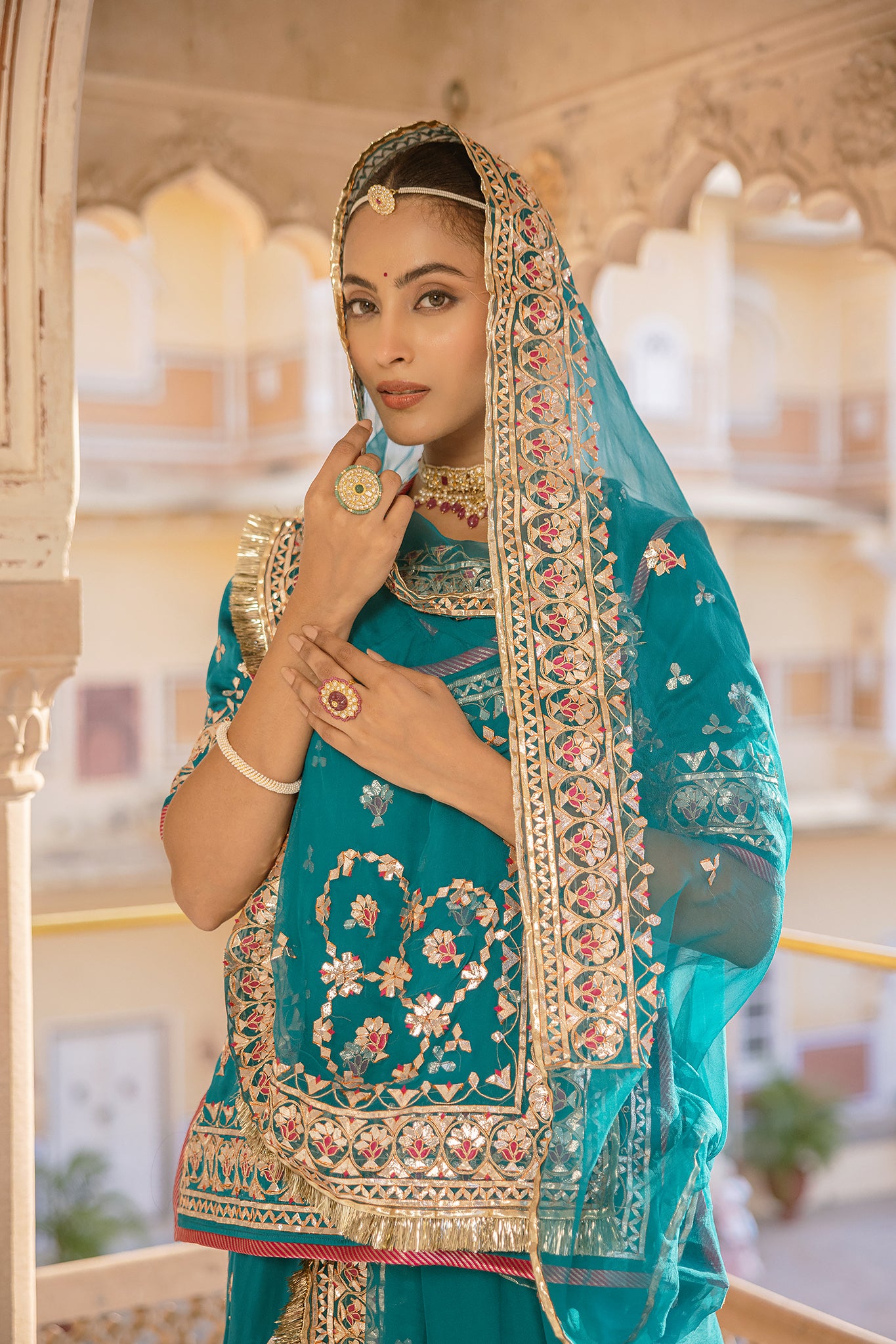 Rama Green Bamber Satin Gotta Patti Mudi work Handwork Poshak (Unstitched)