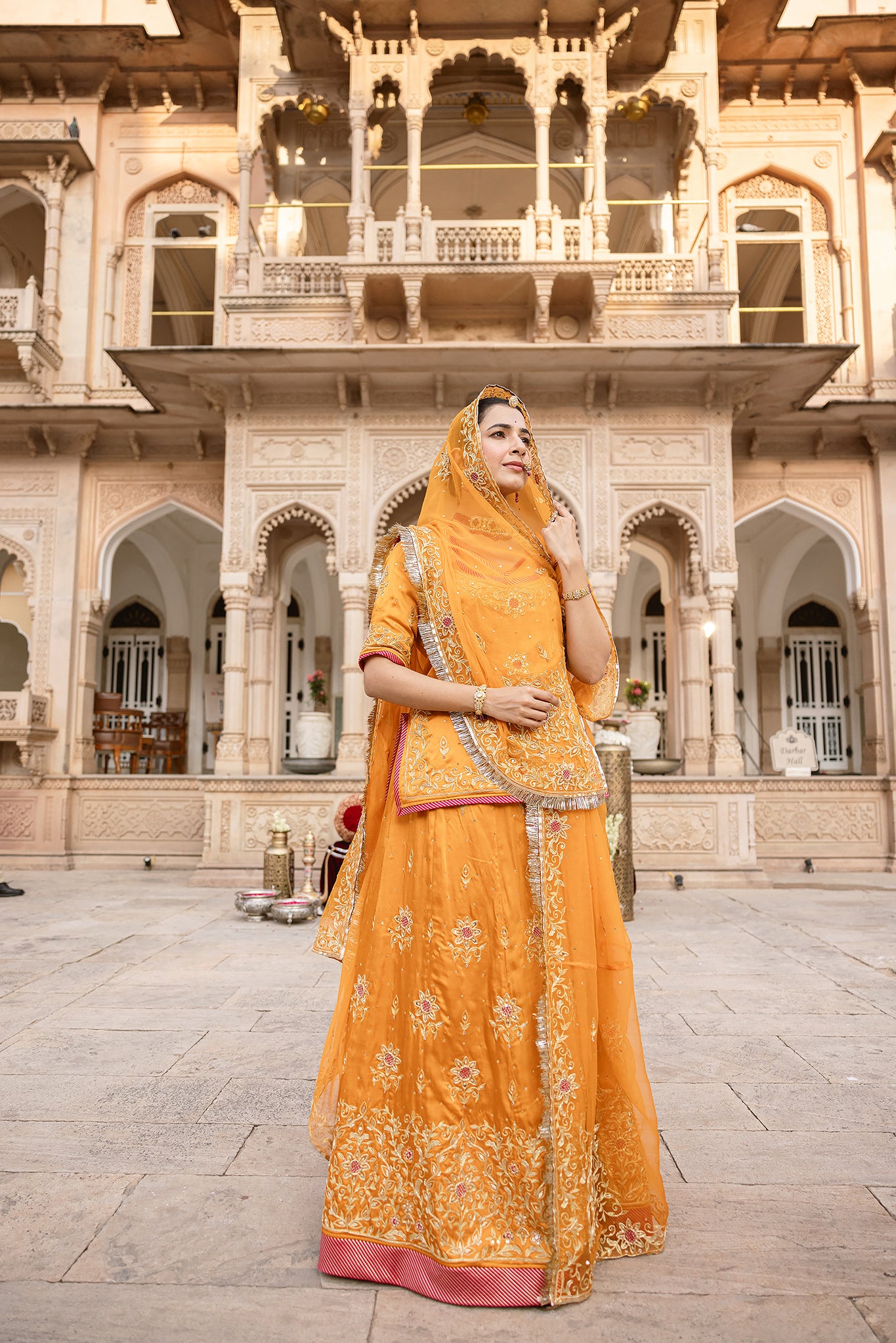 Mustard Yellow Bamber Satin Aari Salma Tari Handwork Poshak (Unstitched)