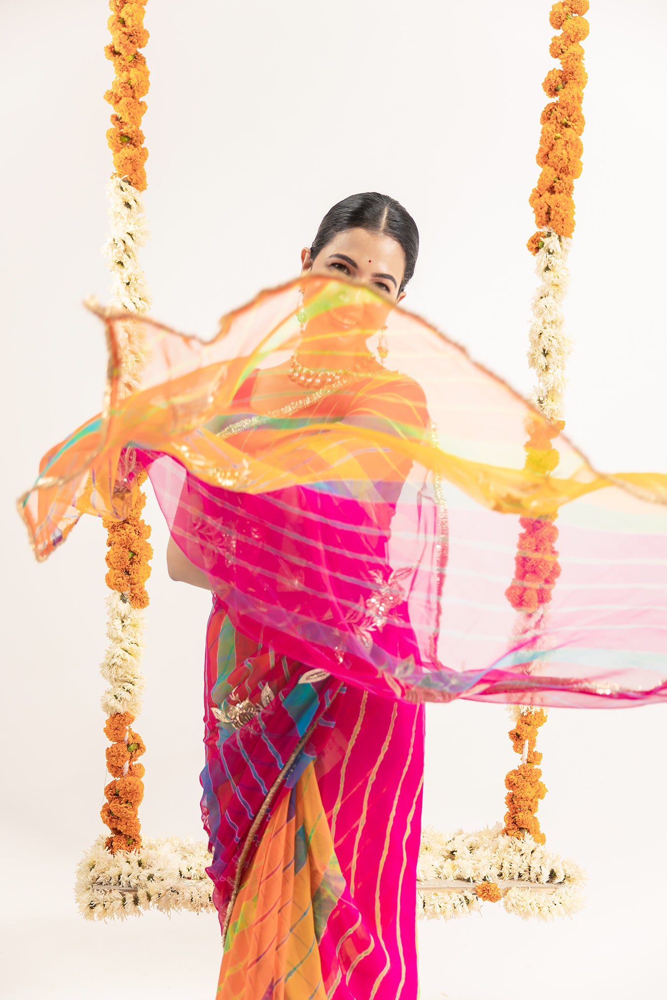 Pure Georgette 20 Gsm Multi Leheriya Aari Sequins Motifs Work Saree