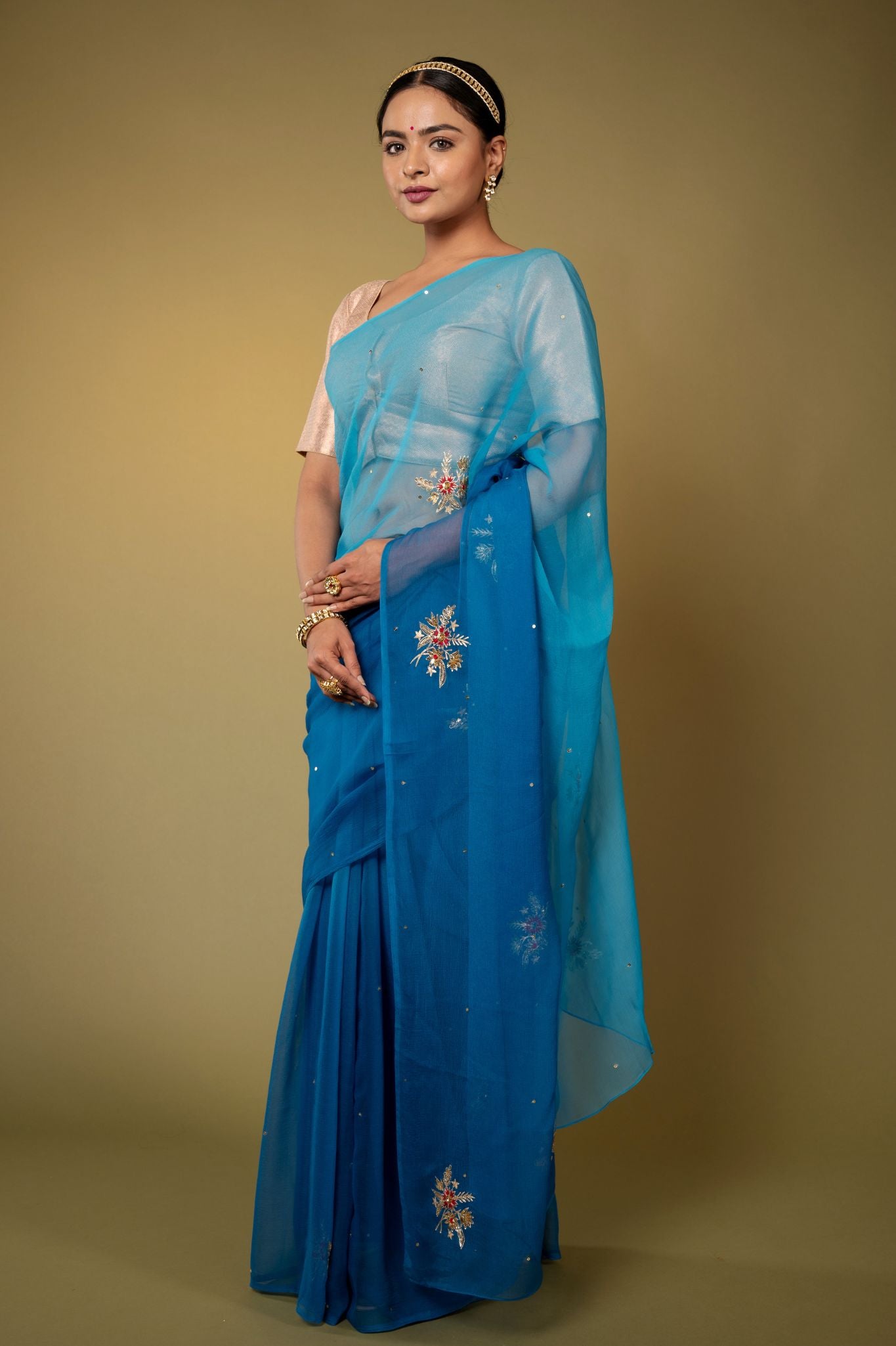 Turquoise viscose chiffon aari sequins handwork casual wear saree