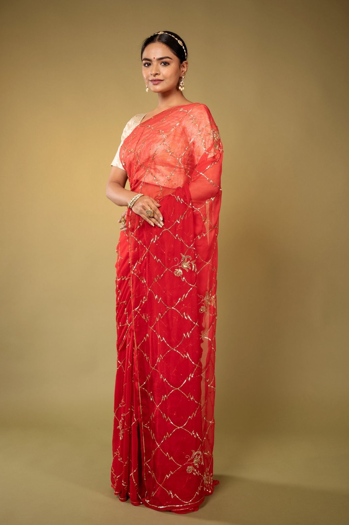 Red Viscose Chiffon aari sequins jaal handwork party wear saree