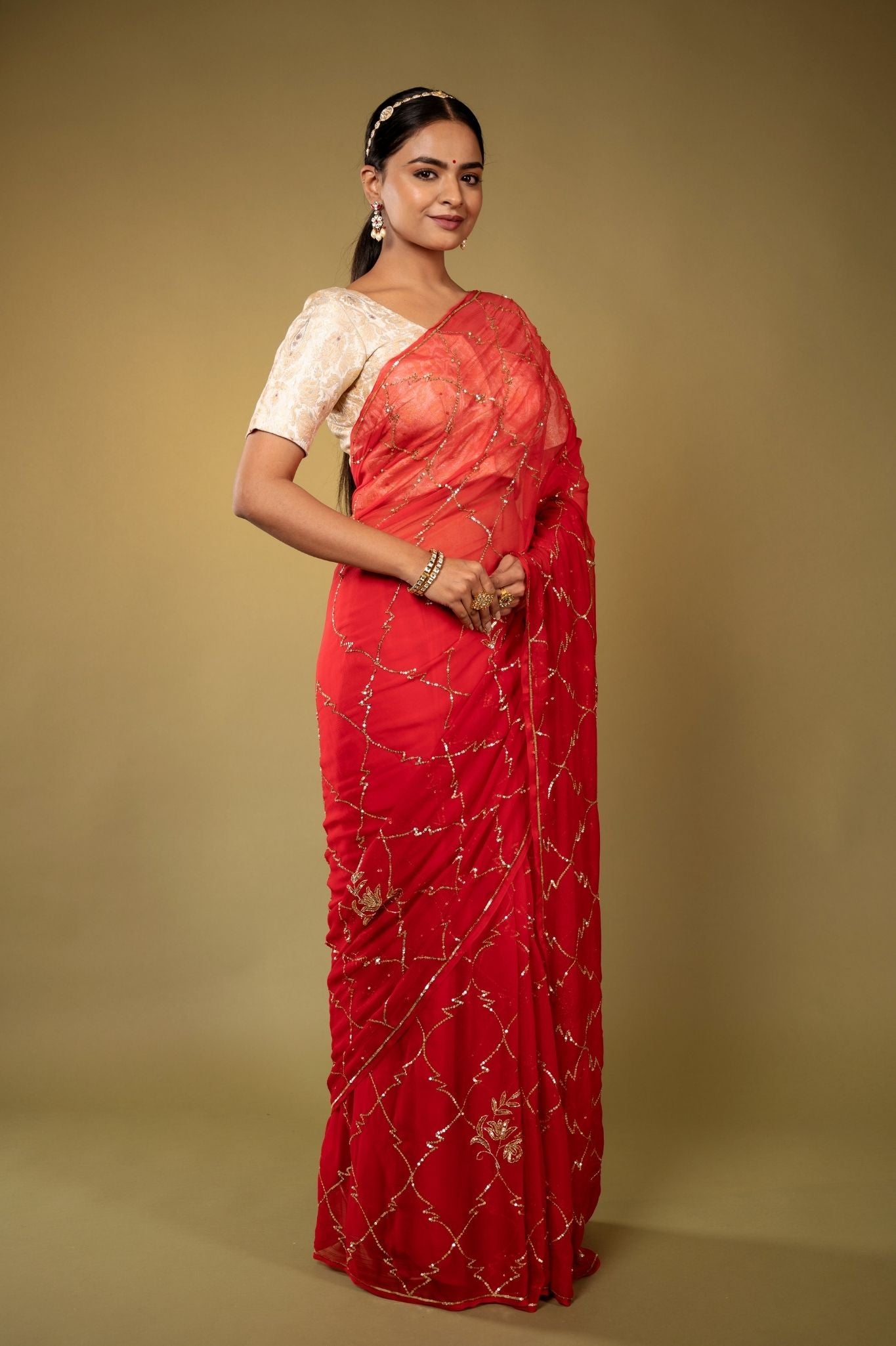 Red Viscose Chiffon aari sequins jaal handwork party wear saree