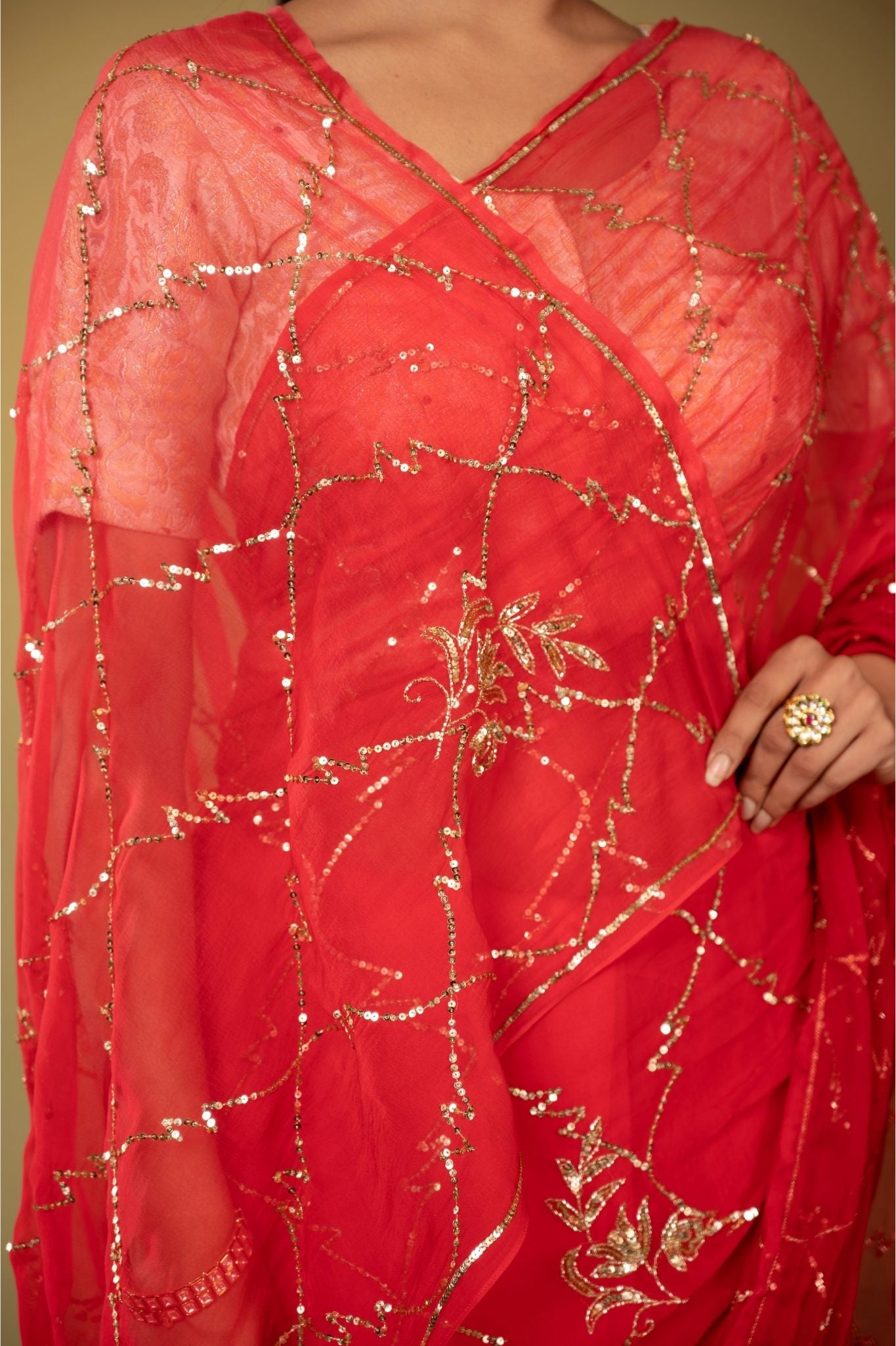 Red Viscose Chiffon aari sequins jaal handwork party wear saree