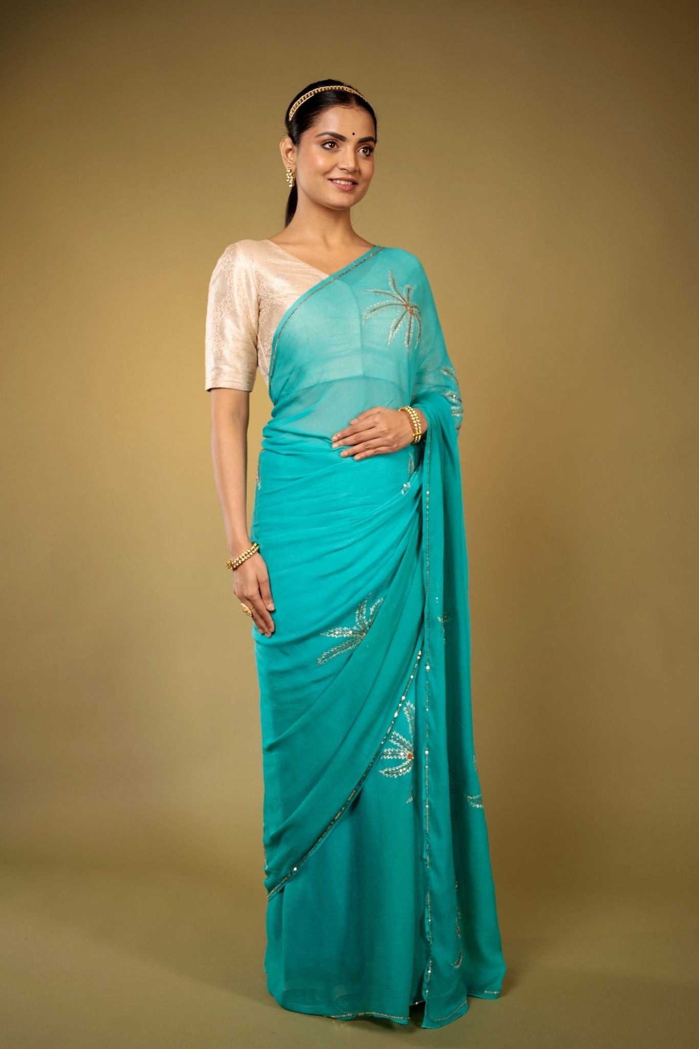 Firozi Pure Chiffon Aari sequins Motif handwork saree