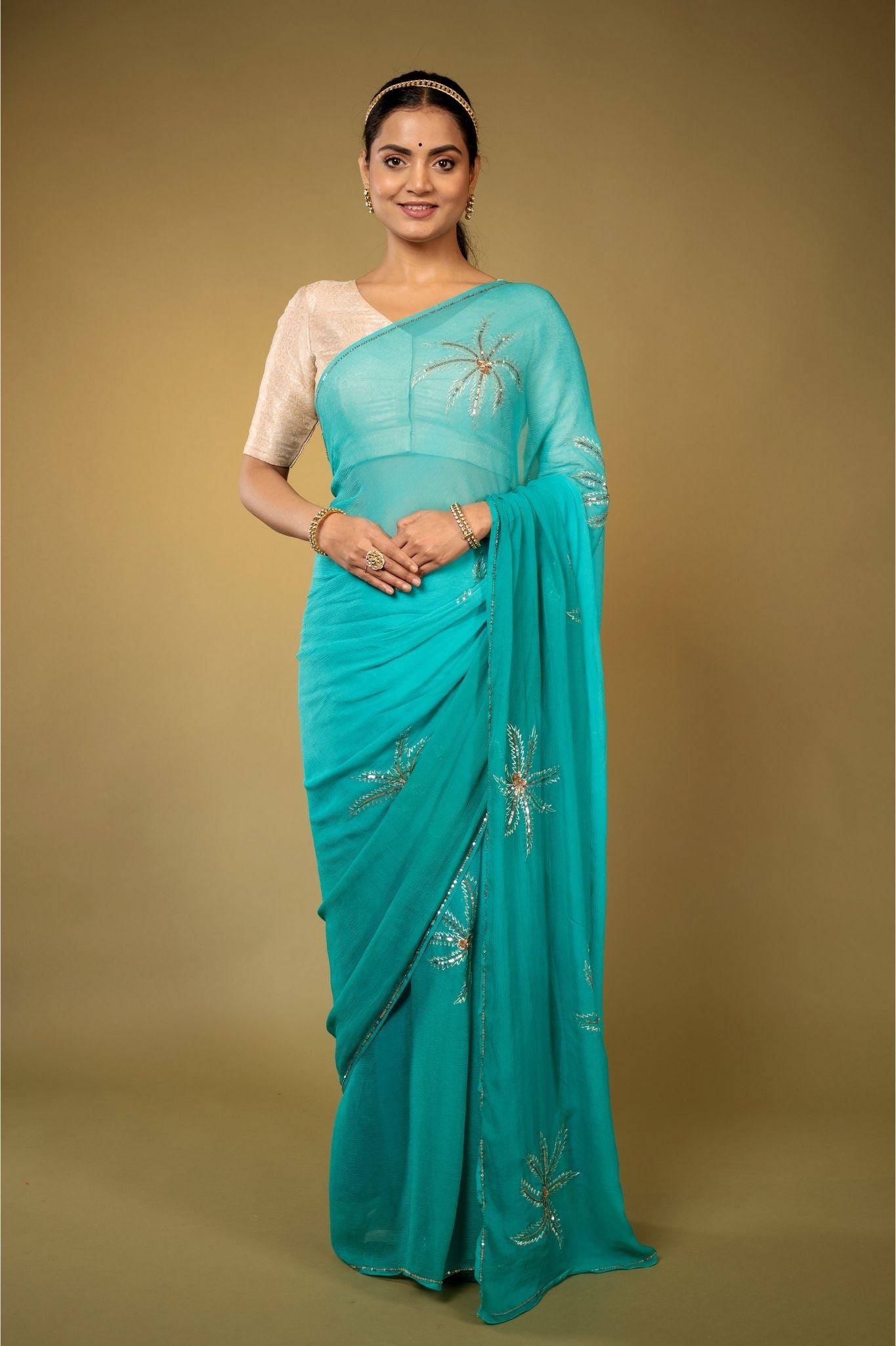 Firozi Pure Chiffon Aari sequins Motif handwork saree