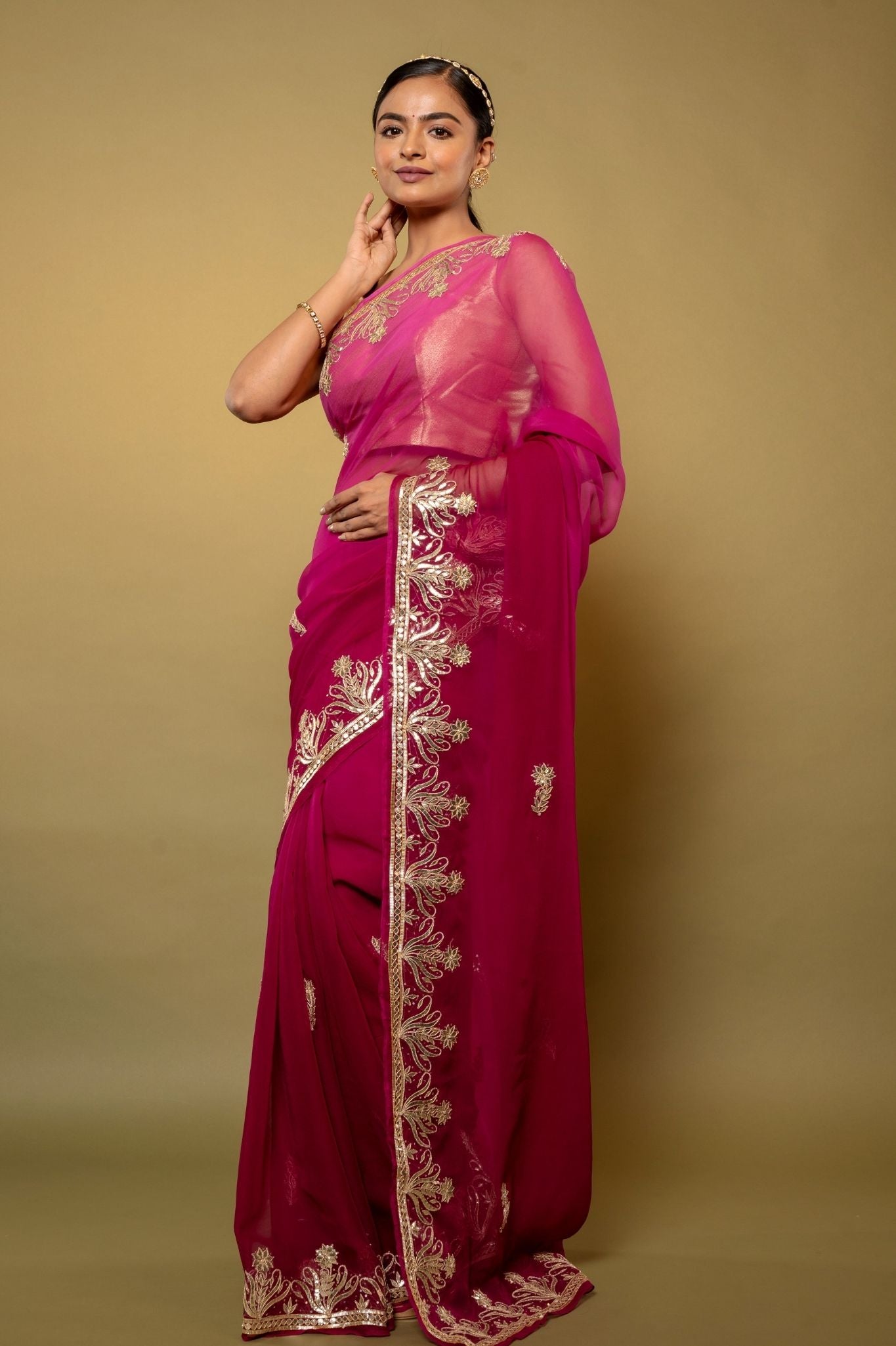 magenta Viscose Chiffon gota pati border butti handwork party wear saree