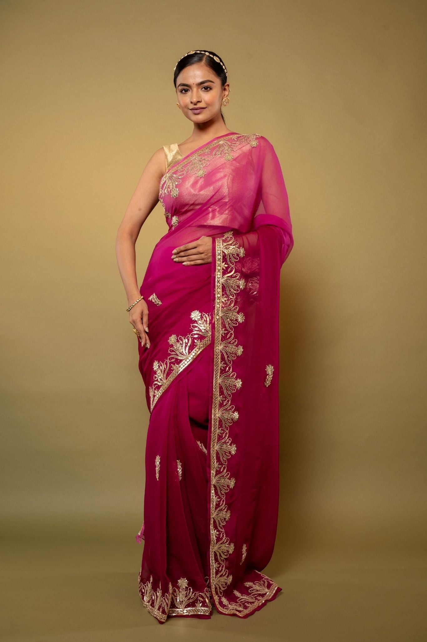magenta Viscose Chiffon gota pati border butti handwork party wear saree