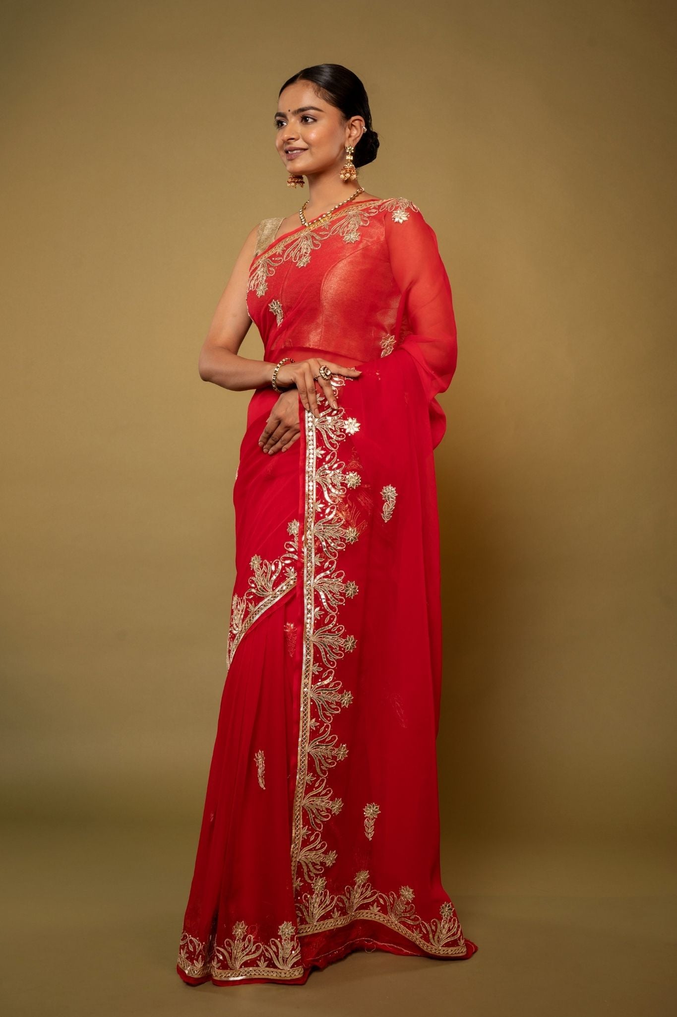 red Viscose Chiffon aari sequins handwork party wear saree