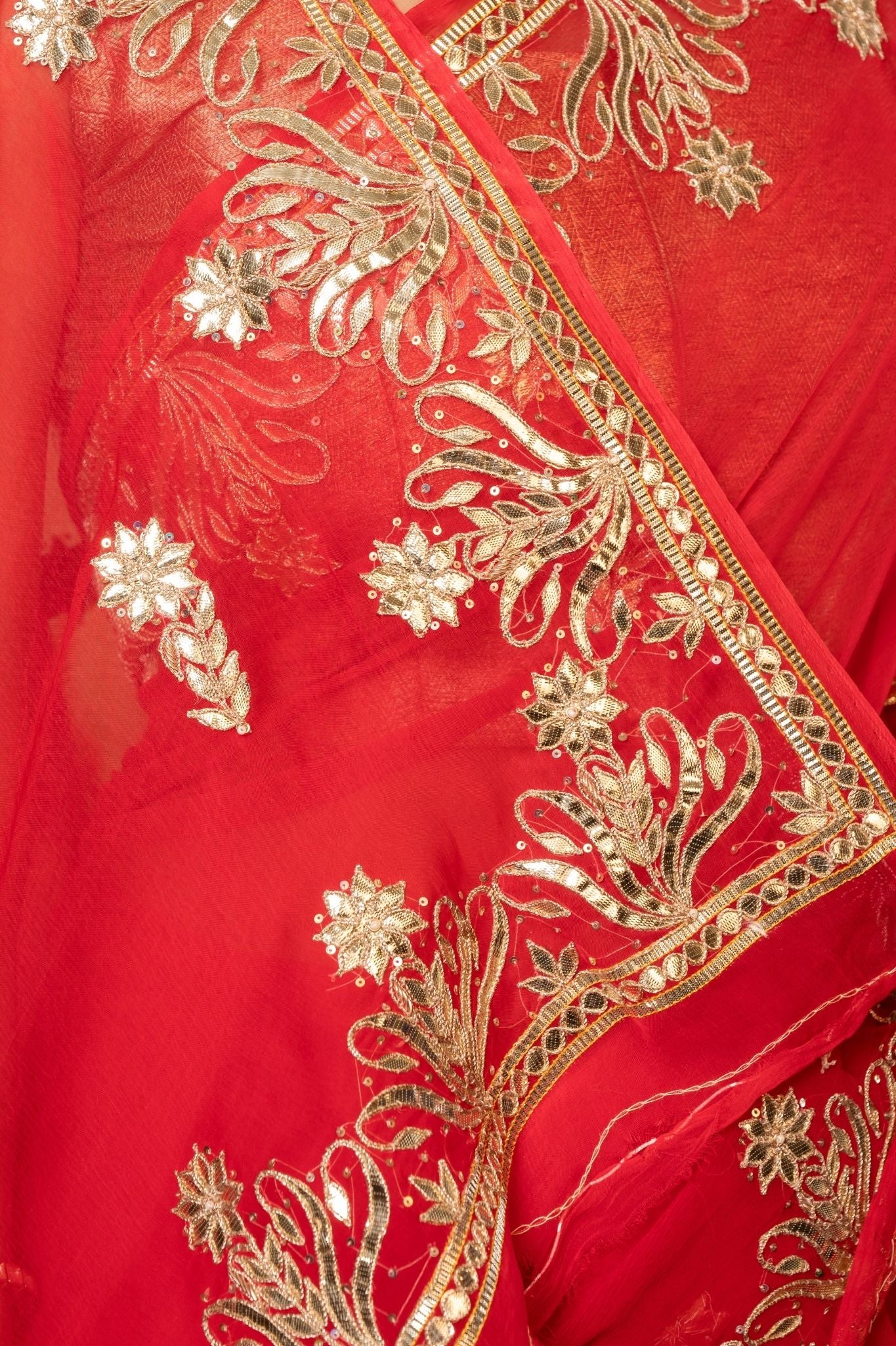red Viscose Chiffon aari sequins handwork party wear saree
