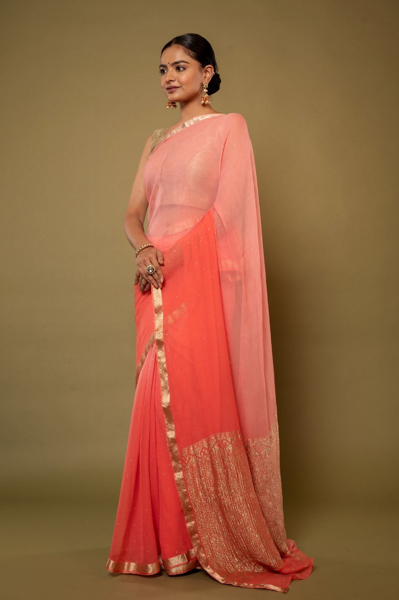 peach pure chiffon zari border saree