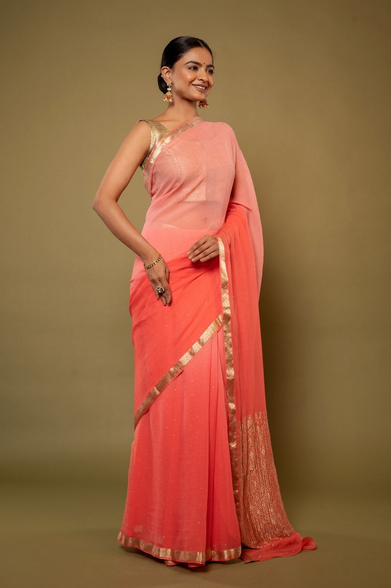 peach pure chiffon zari border saree