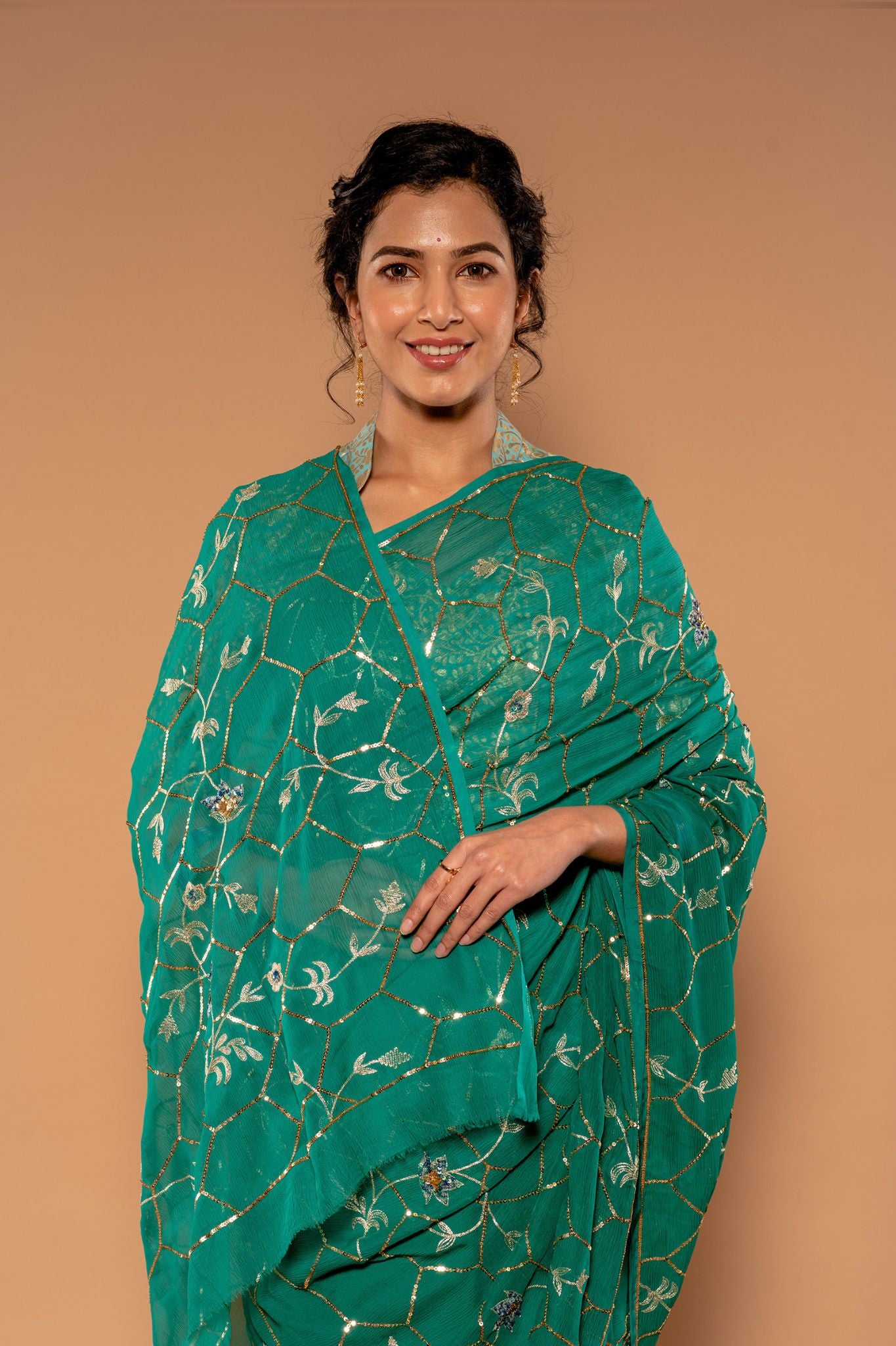 rama green Pure Chiffon aari sequins jaal handwork Saree