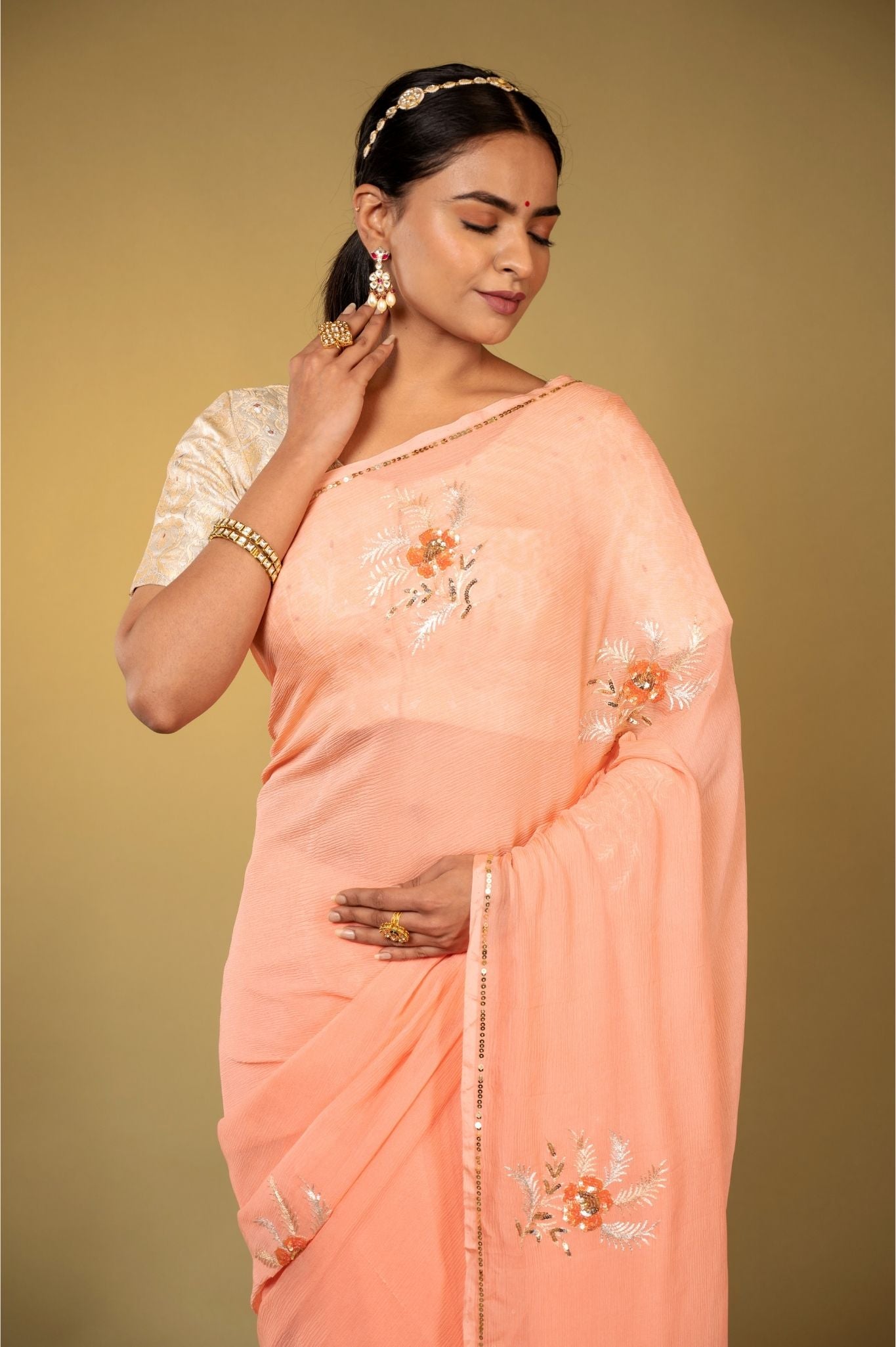 peach pure chiffon aari sequins handwork saree