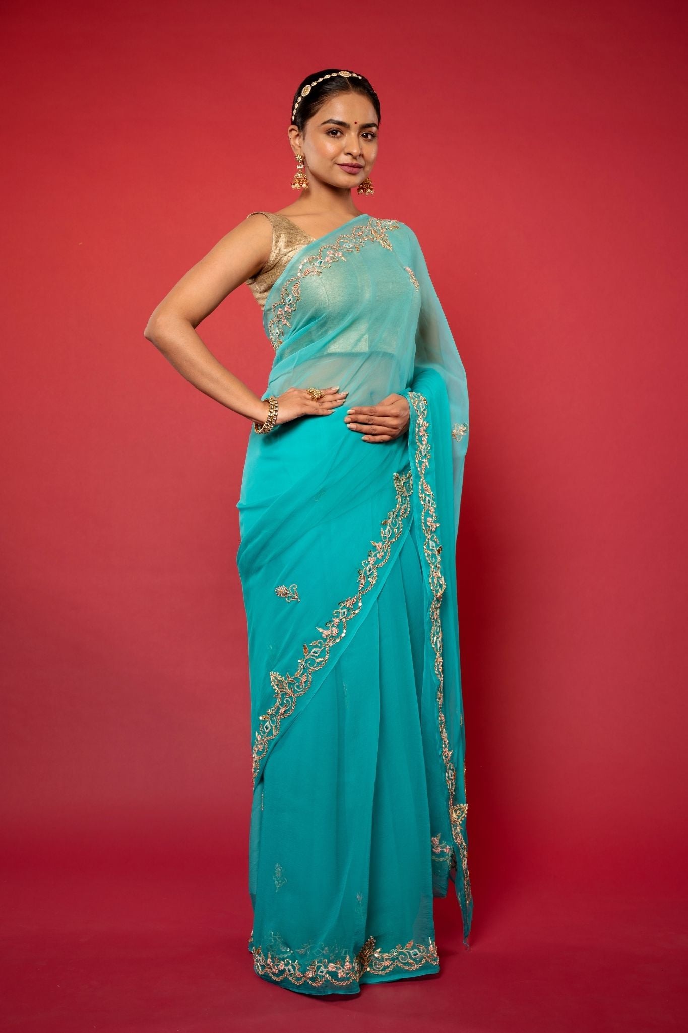 Turquoise Viscose Chiffon aari sequins handwork party wear saree