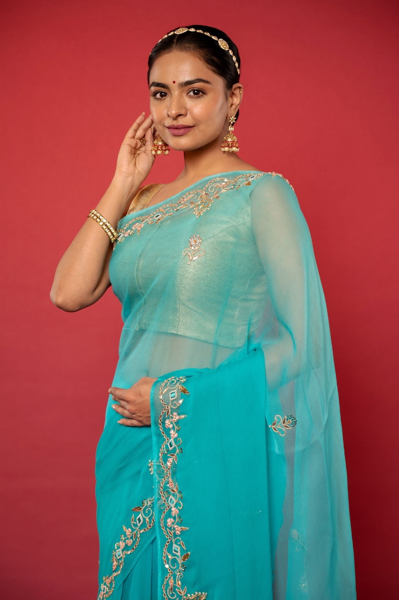 Turquoise Viscose Chiffon aari sequins handwork party wear saree
