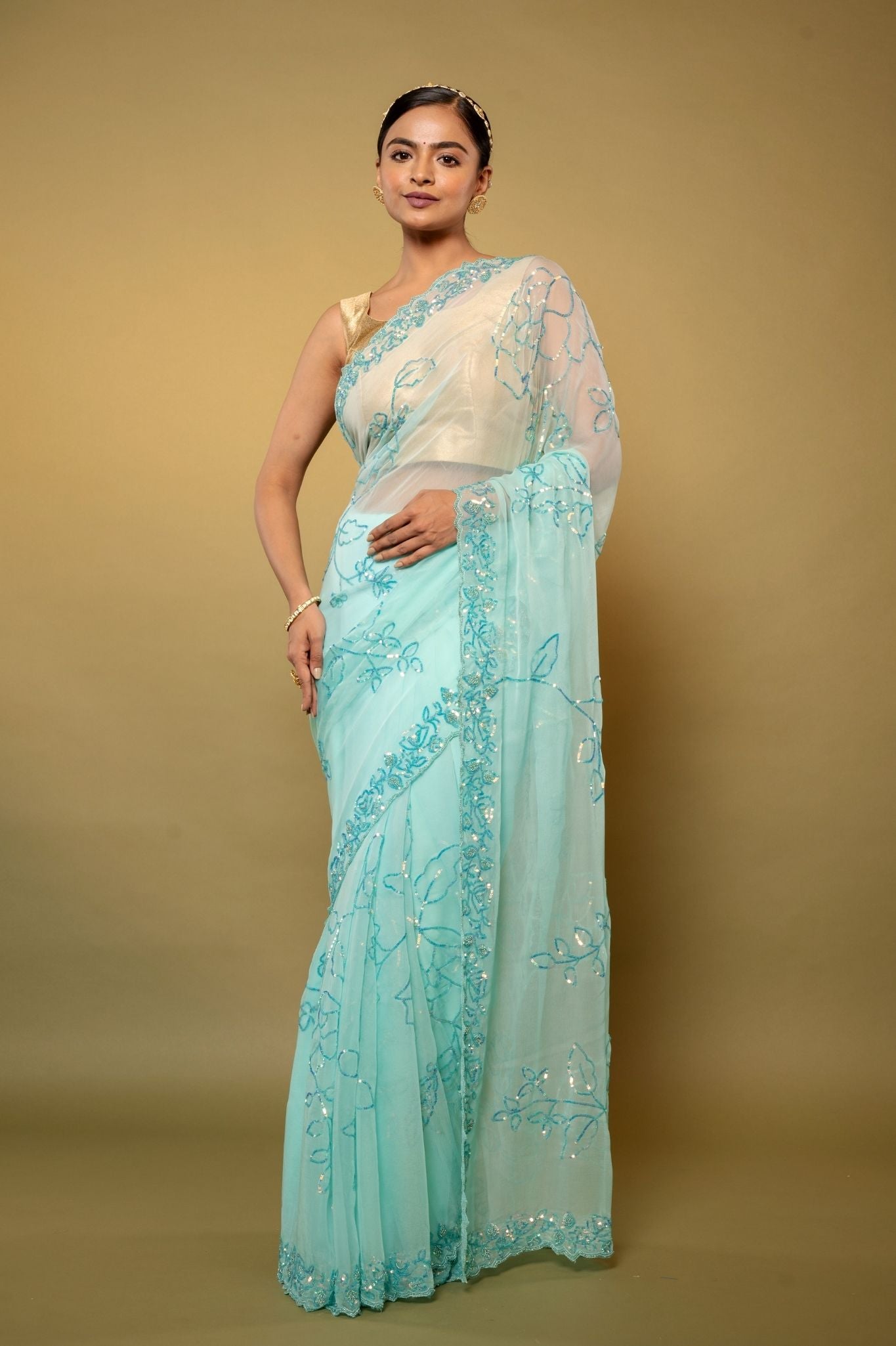 sky blue Viscose Chiffon sequins handwork party wear saree