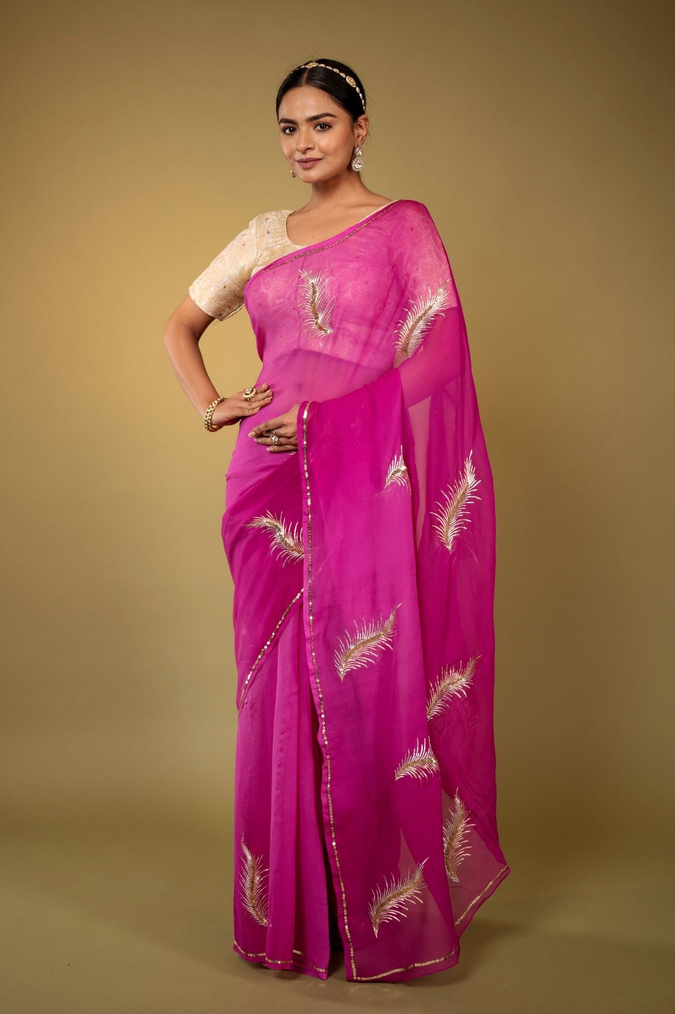 magenta Viscose Chiffon aari sequins handwork party wear saree