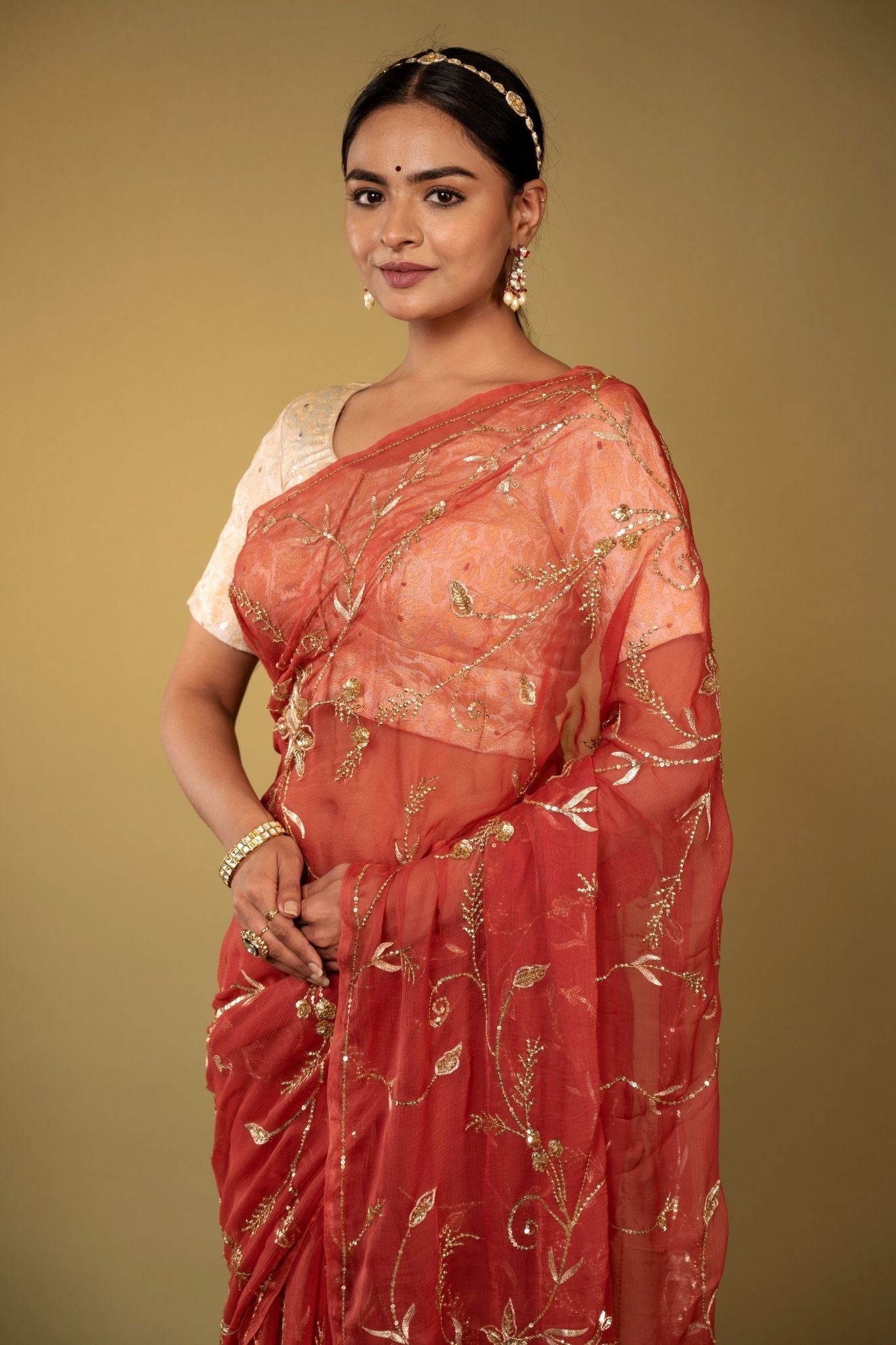rust Viscose Chiffon aari sequins jaal handwork party wear saree
