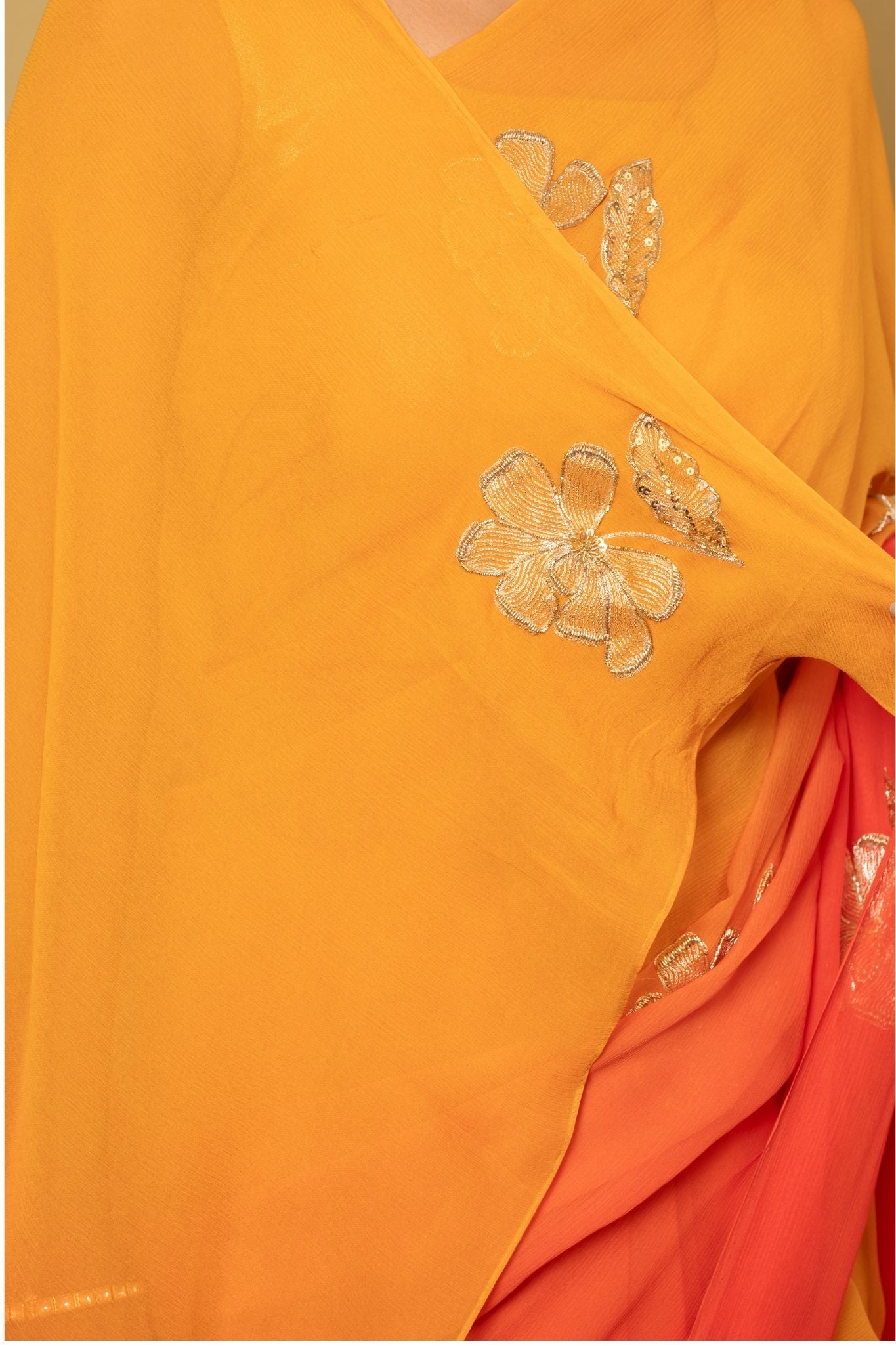 Orange light dark Pure Chiffon aari sequins handwork party wear saree