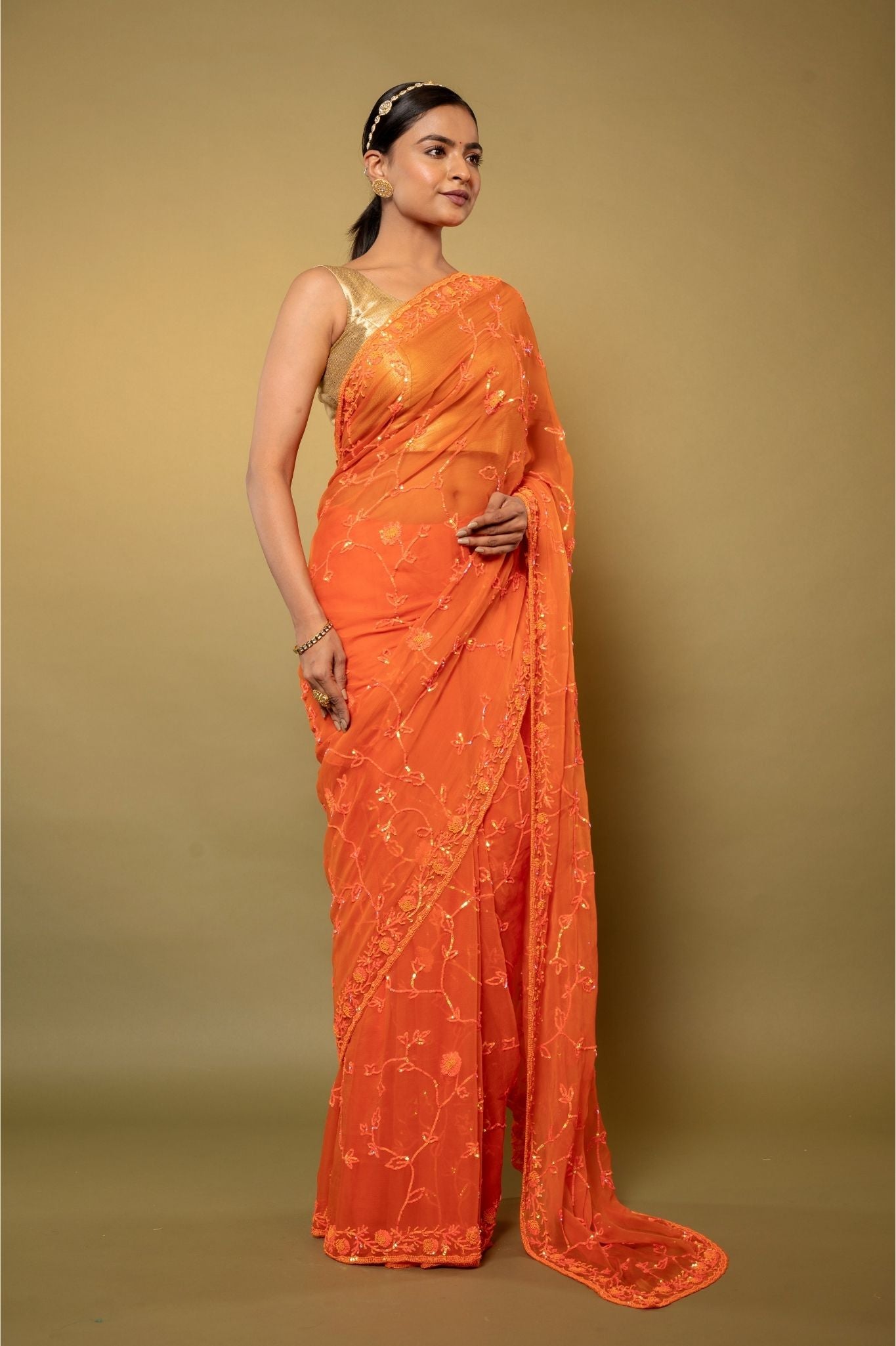 Orange Viscose Chiffon sequins Pearl jaal handwork party wear saree