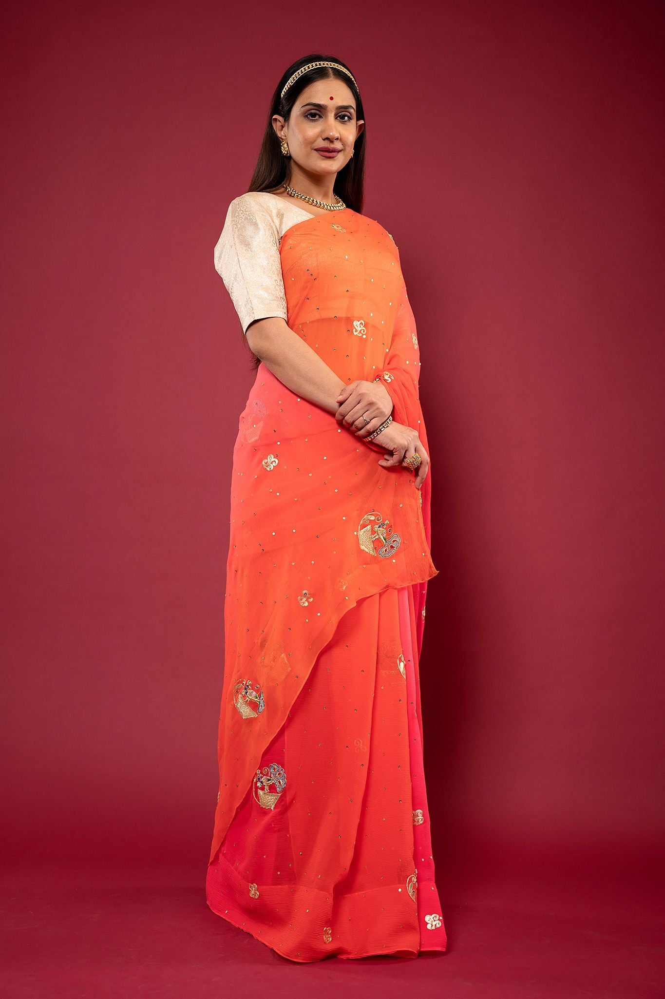 peach pink pure chiffon Aari zardozi resham motif handwork saree