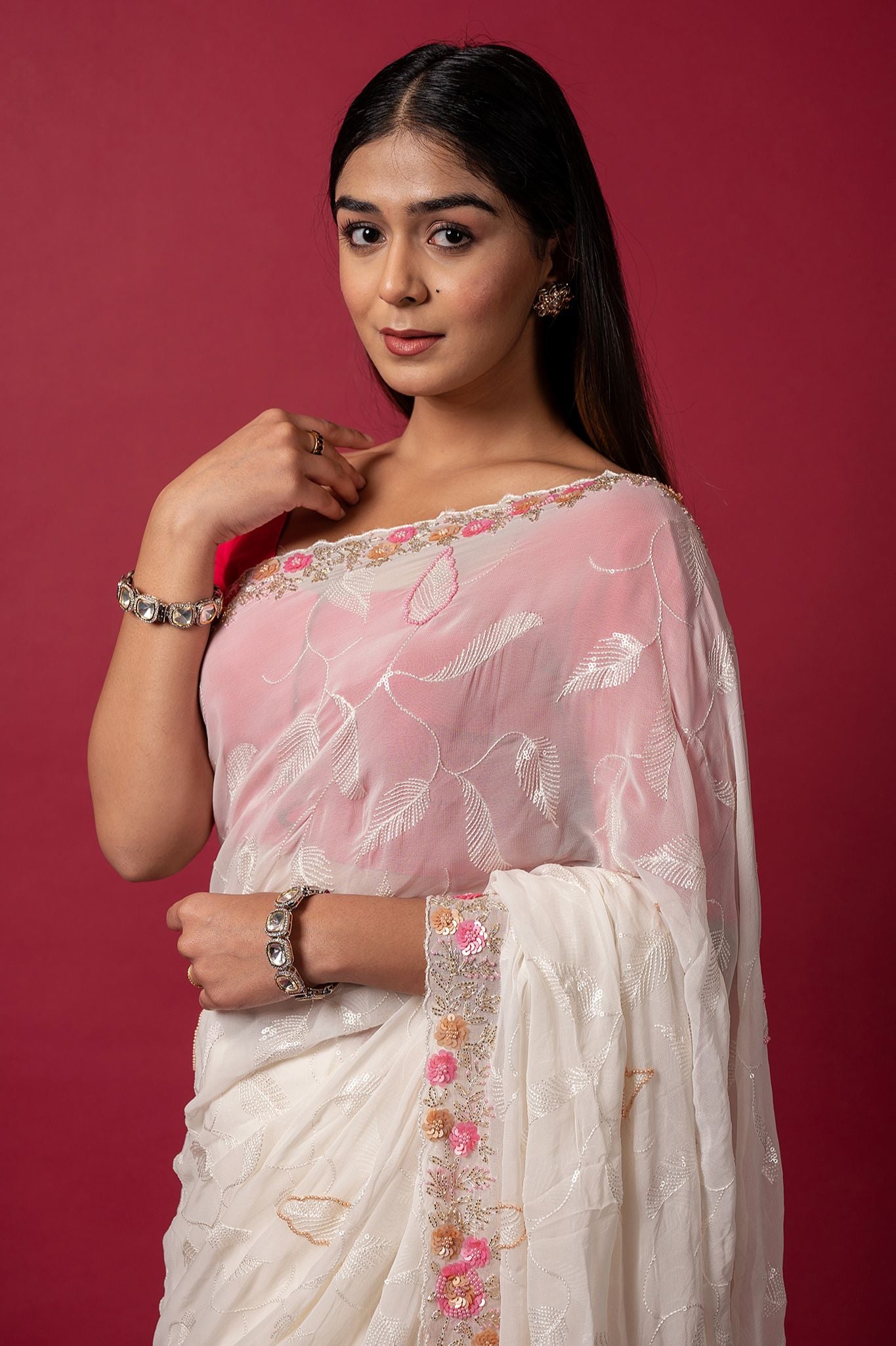 white organza sequins kardana handwork saree