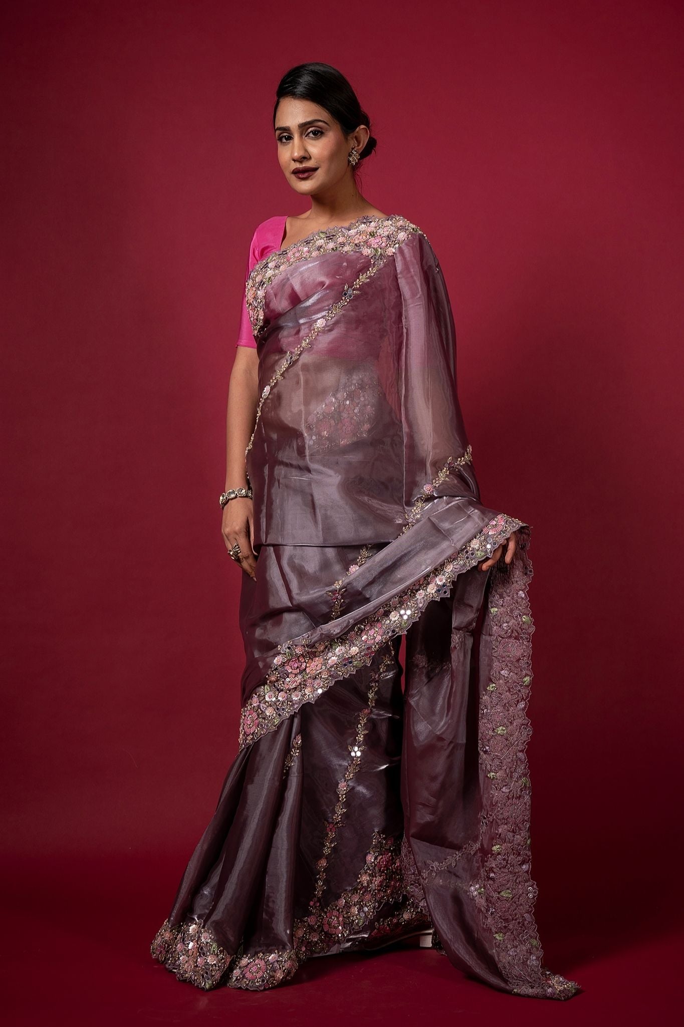 Purple Tissue organza pearl sequins kardana resham handwork saree