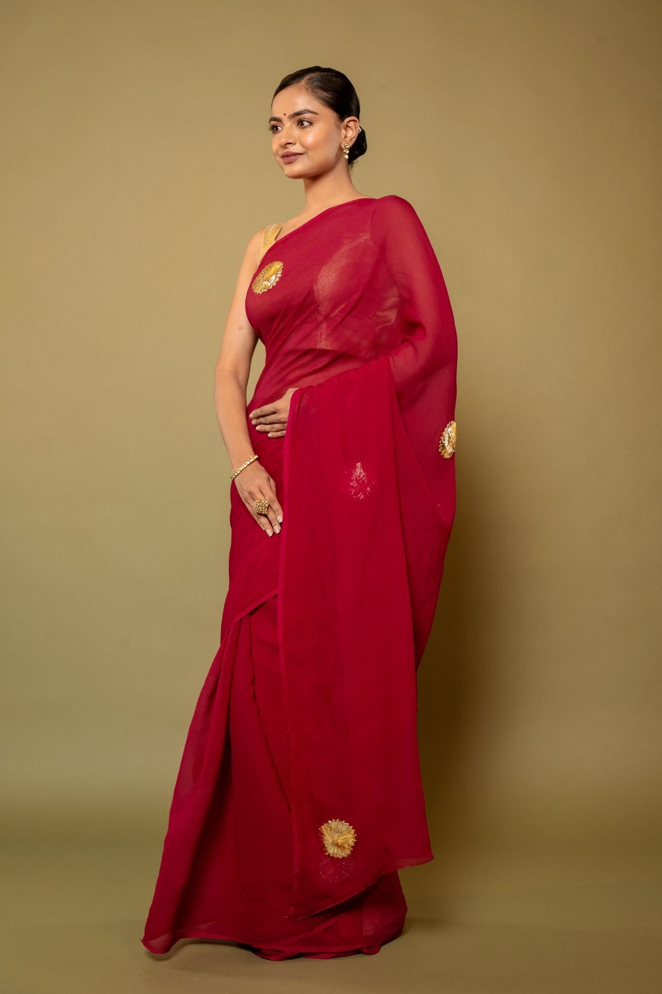 Wine pure chiffon real Silver Champa phool handwork saree