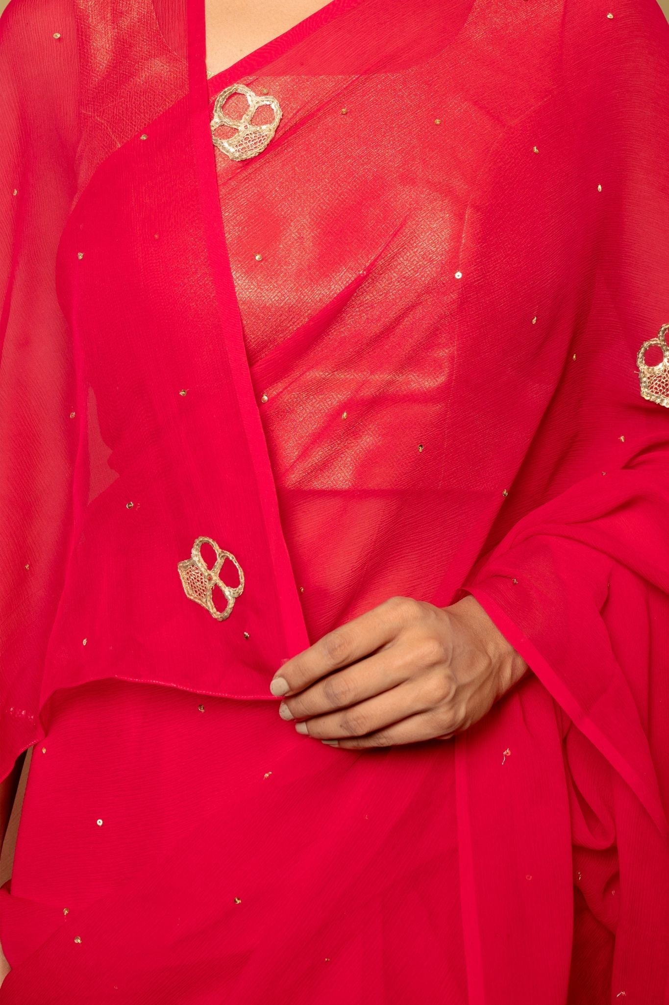 Raspbeery red pure platinum Chiffon real silver butti handwork saree
