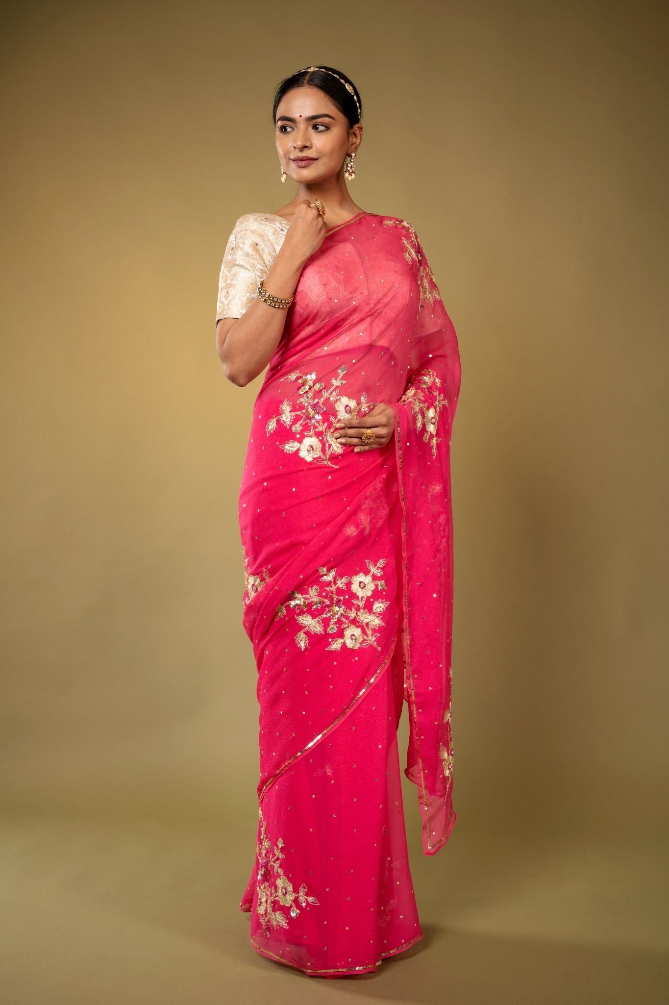 Gajri pure platinum Chiffon aari sequins butti handwork saree
