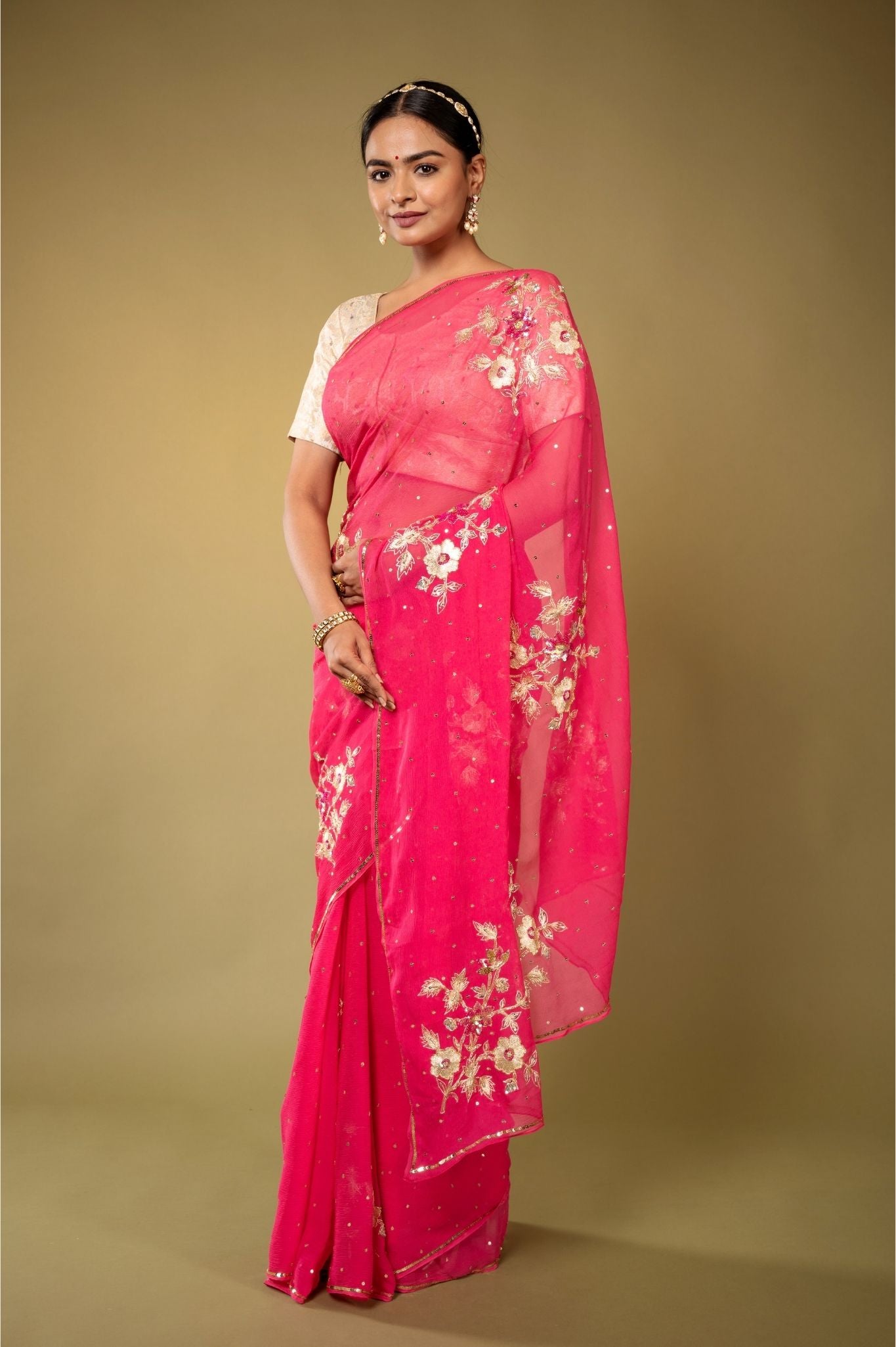 Gajri pure platinum Chiffon aari sequins butti handwork saree