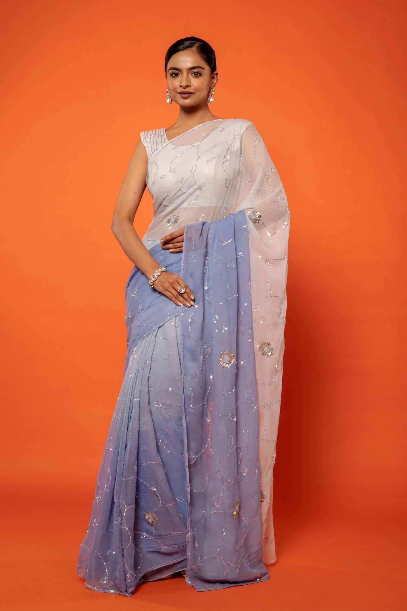 Sky Blue light dark Pure Platinum Chiffon sequins jaal handwork saree