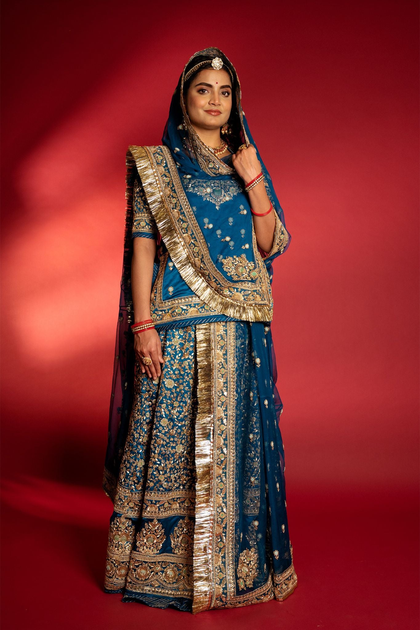 blue Pure Silk Satin aari zardozi handwork Rajputi Poshak with Pure odhna