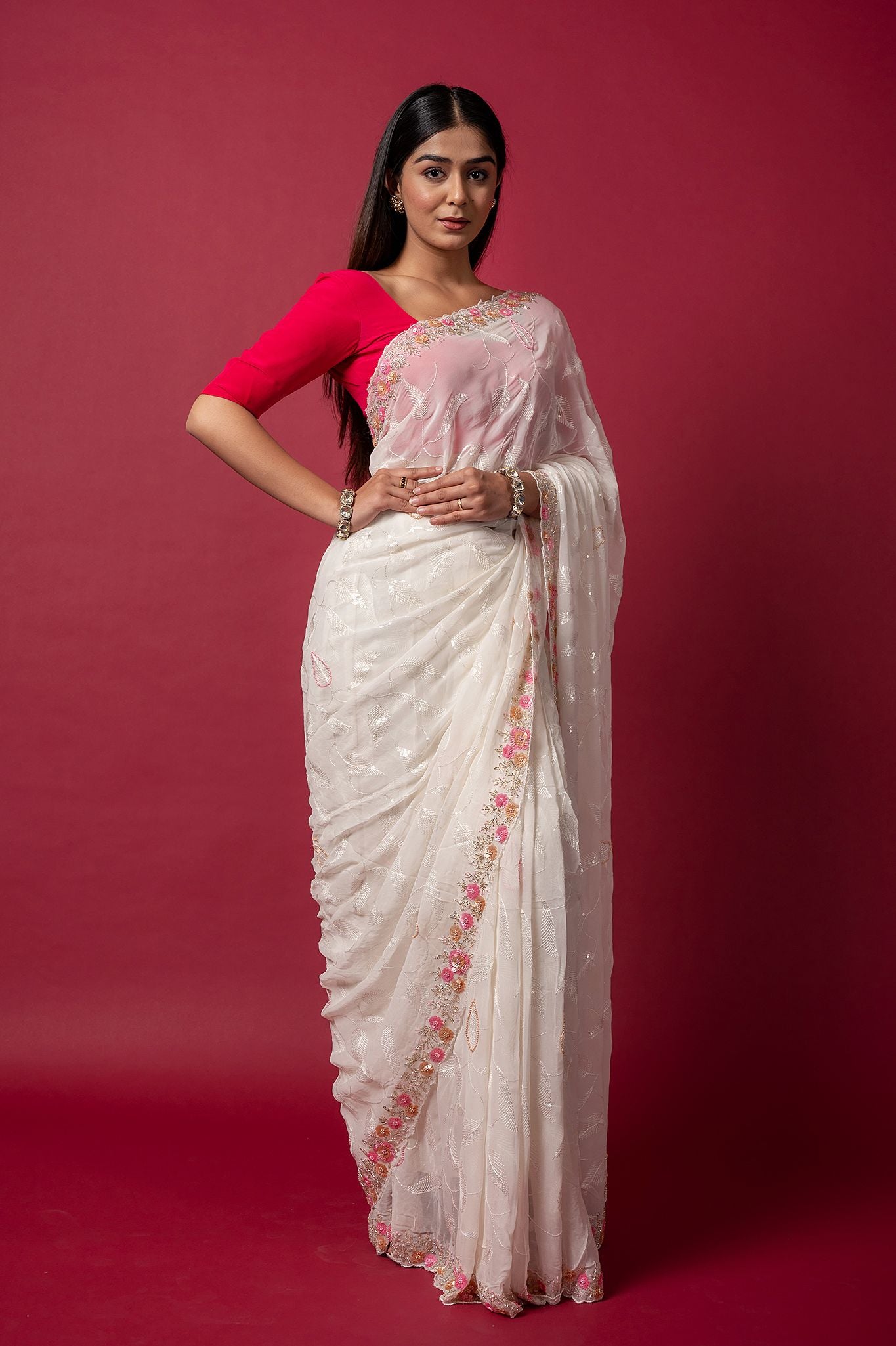 white organza sequins kardana handwork saree