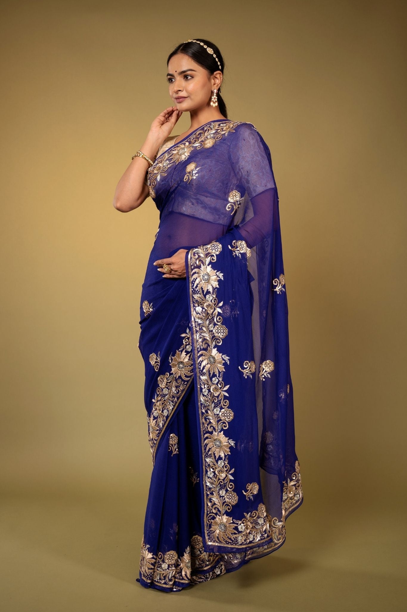 Royal Blue pure chiffon aari sequnece cut work border butti handwork saree