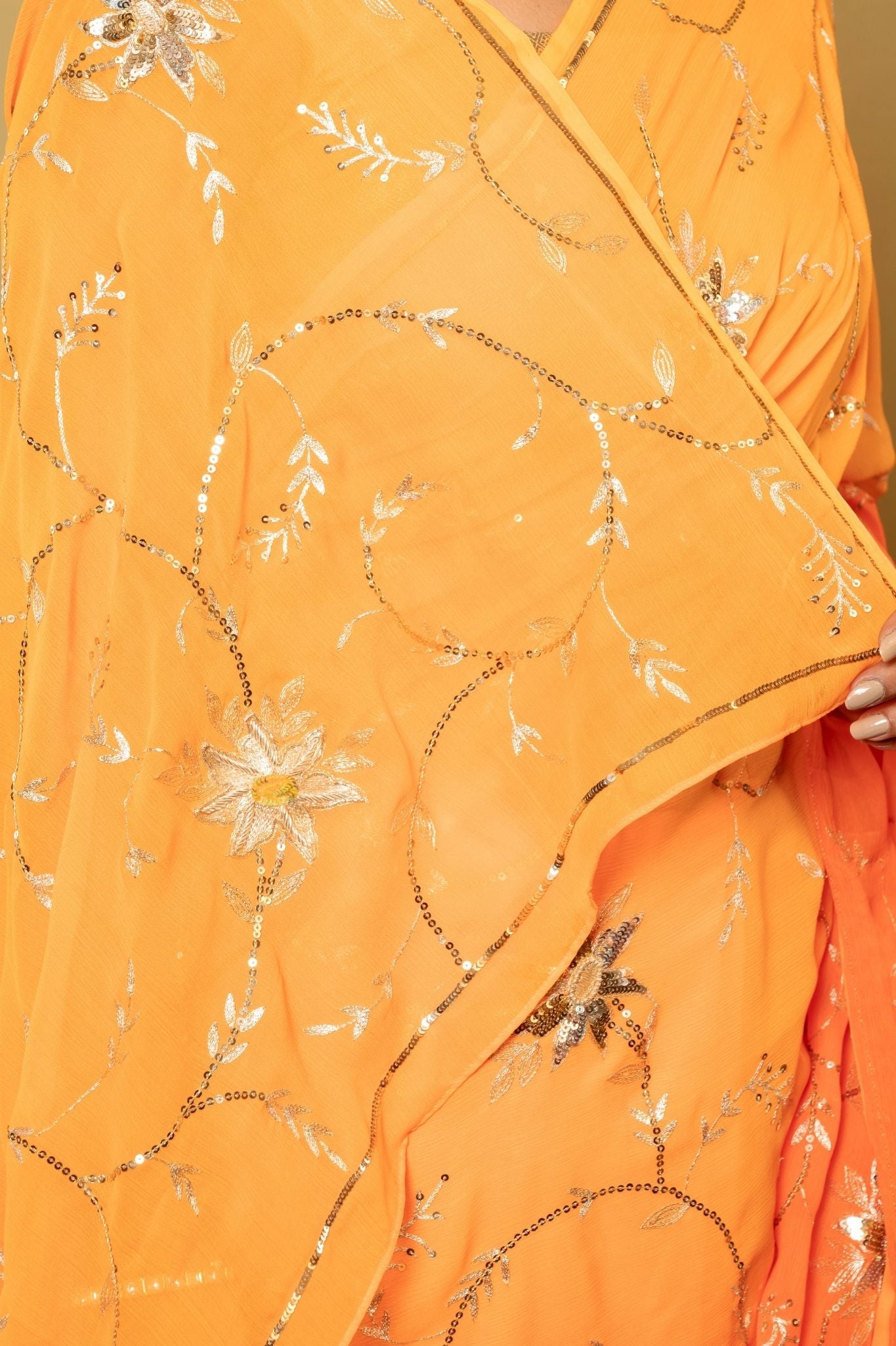 Yellow light dark pure chiffon aari sequins jaal handwork saree