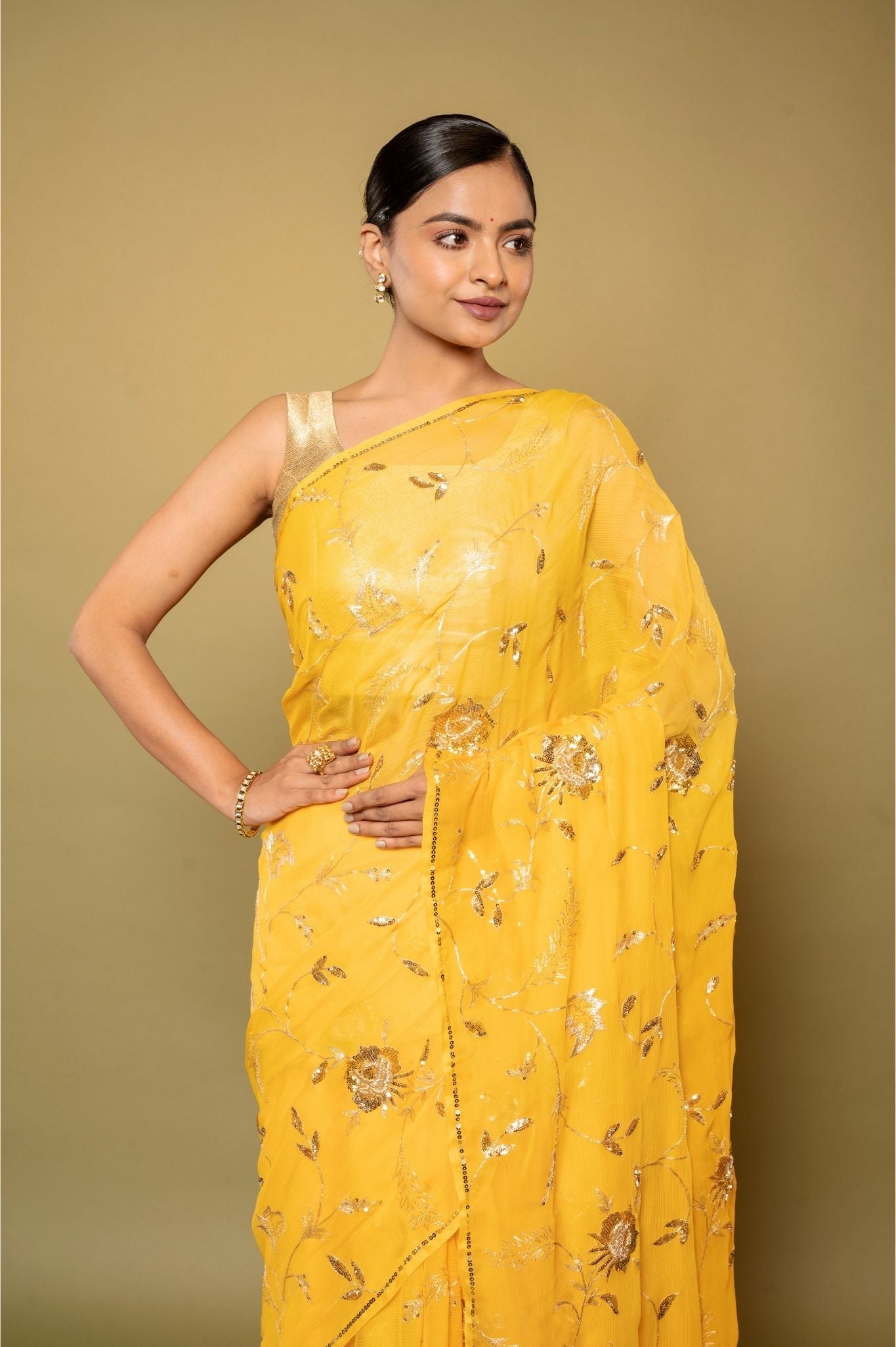 yellow pure chiffon aari sequins jaal handwork saree