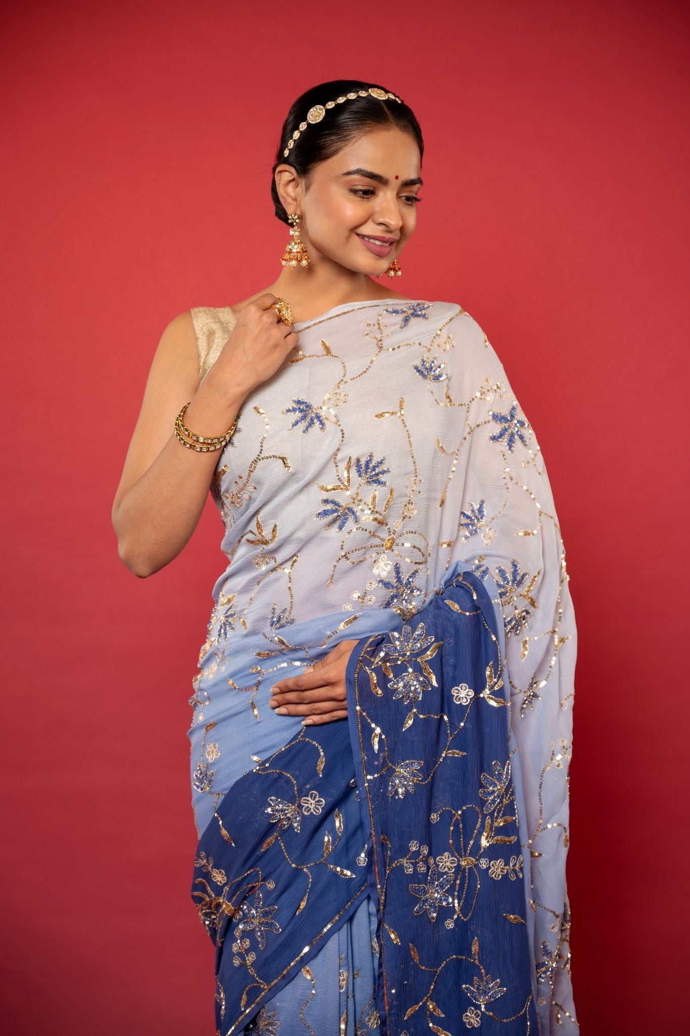 Blue light dark pure chiffon aari sequins jaal handwork saree