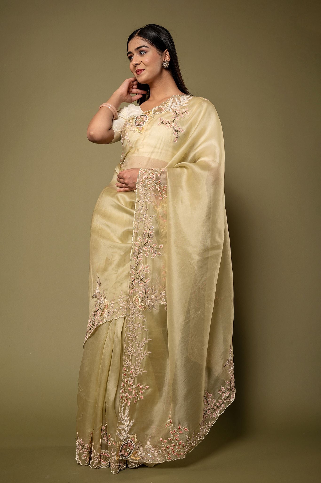 Olive green organza Resham French Knot Dabka border butti handwork saree