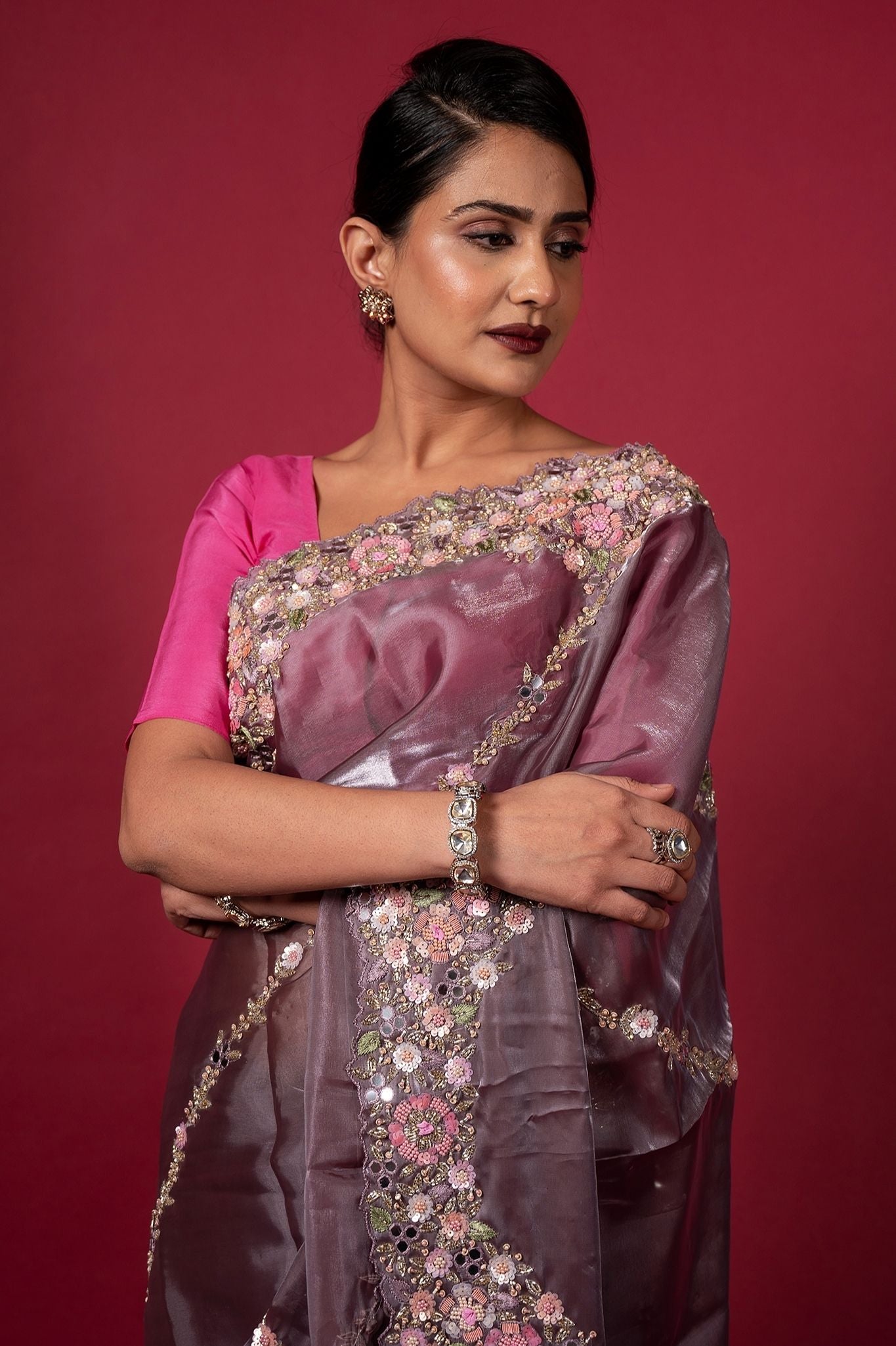 Purple Tissue organza pearl sequins kardana resham handwork saree