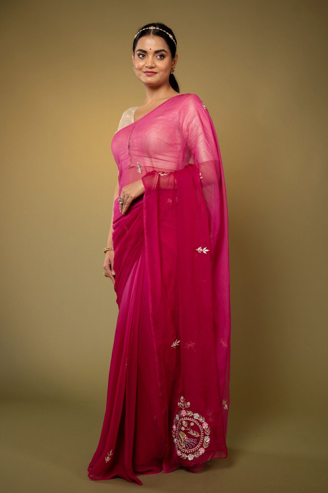Wine viscose chiffon aari gota pati and sequins motif handwork casual wear saree
