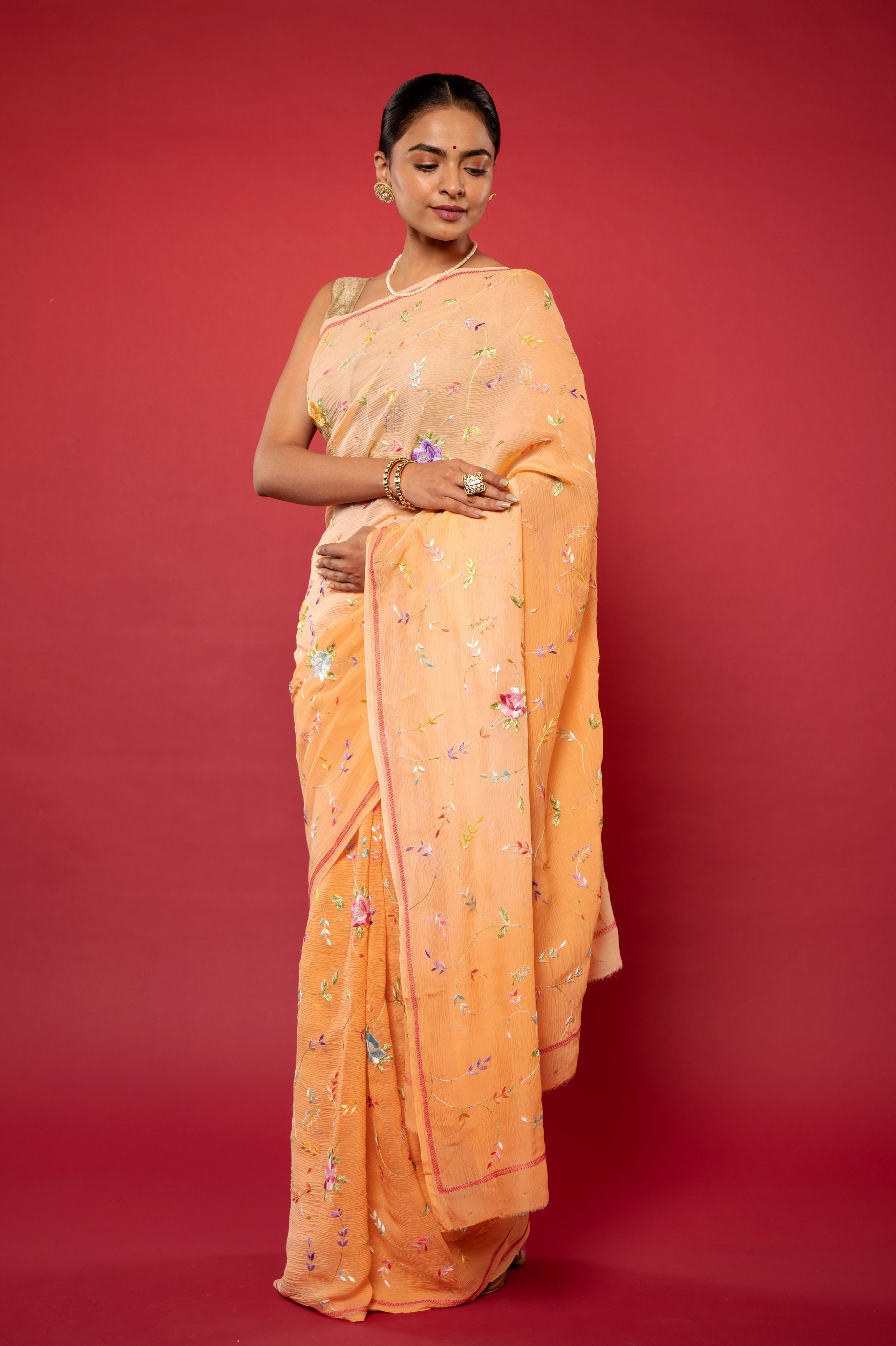 Peach ligh dark pure chiffon resham embroidery jaal handwork saree