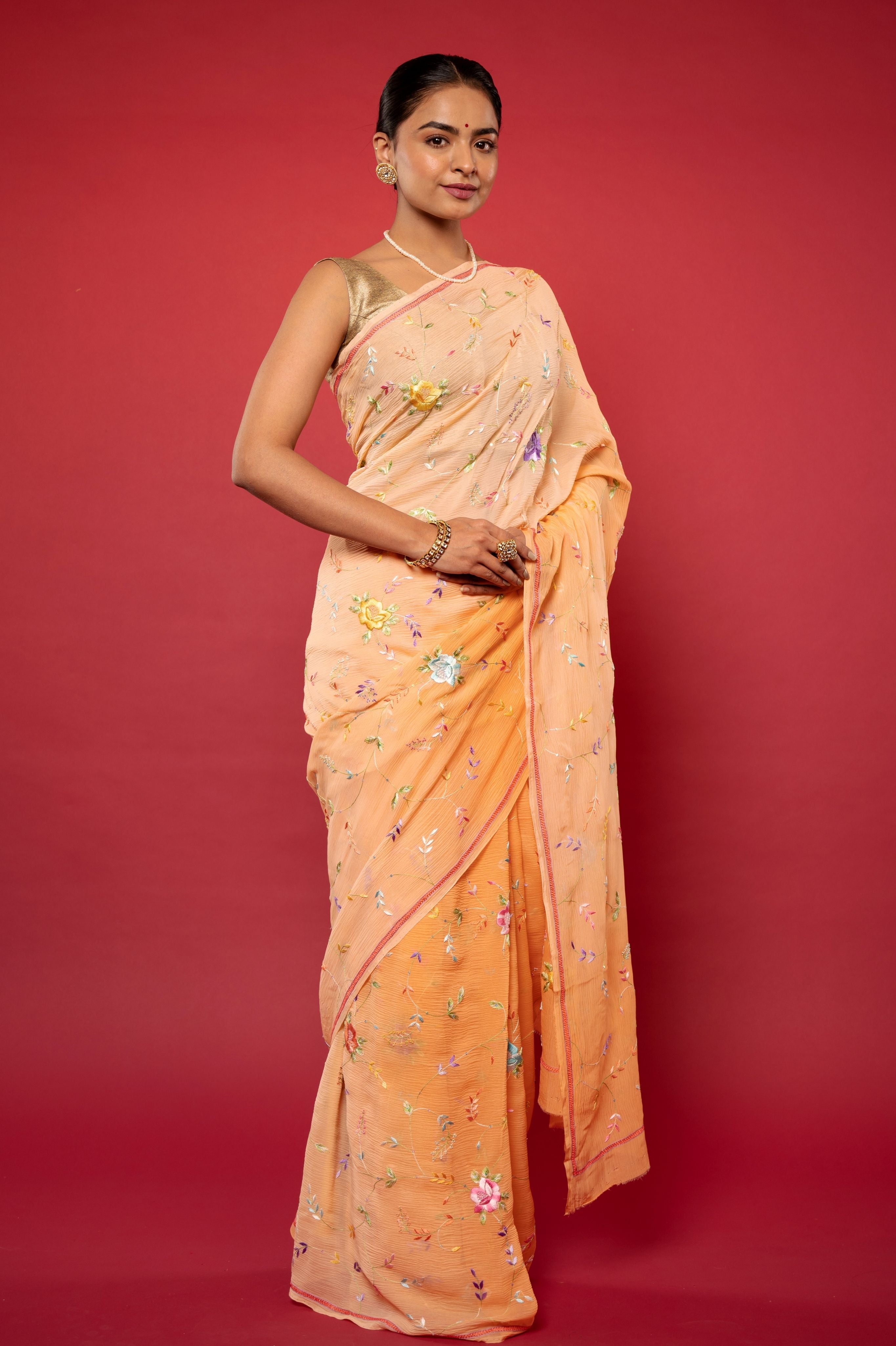 Peach ligh dark pure chiffon resham embroidery jaal handwork saree