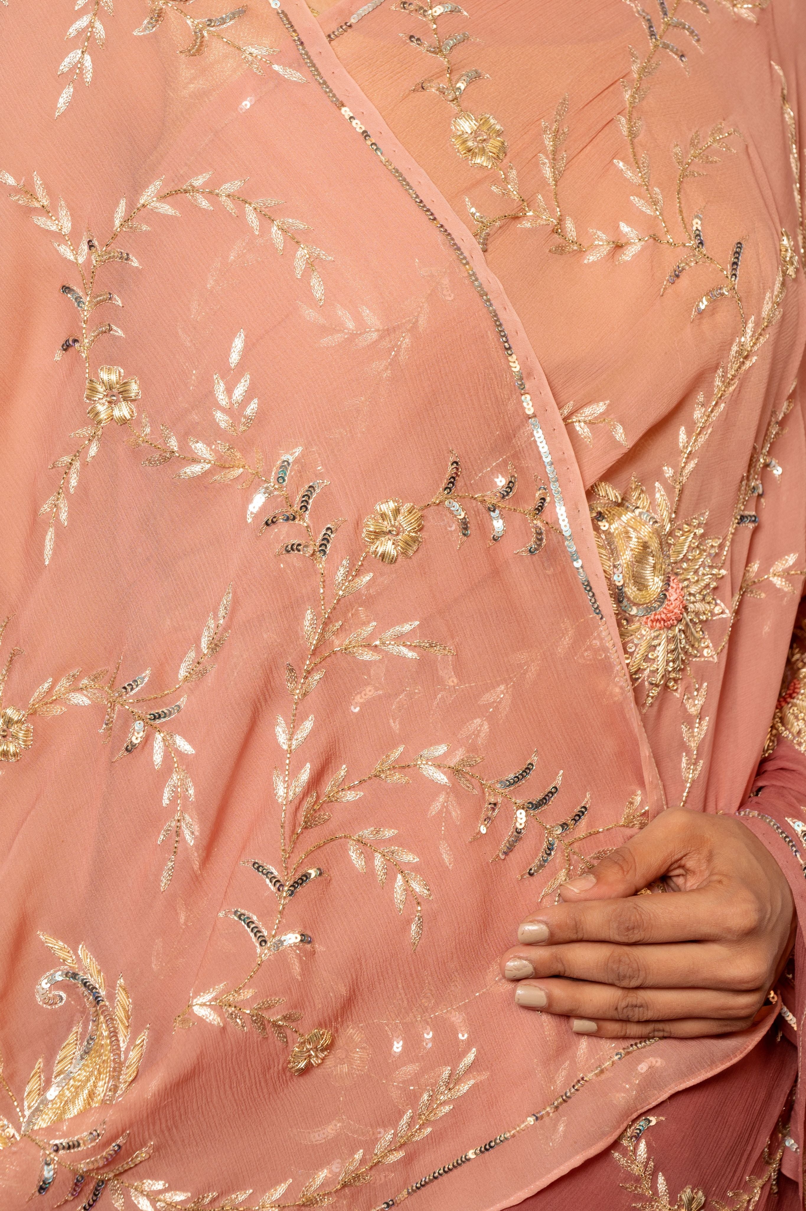 Choclate brown light dark Pure Chiffon aari zardozi sequins jaal handwork saree