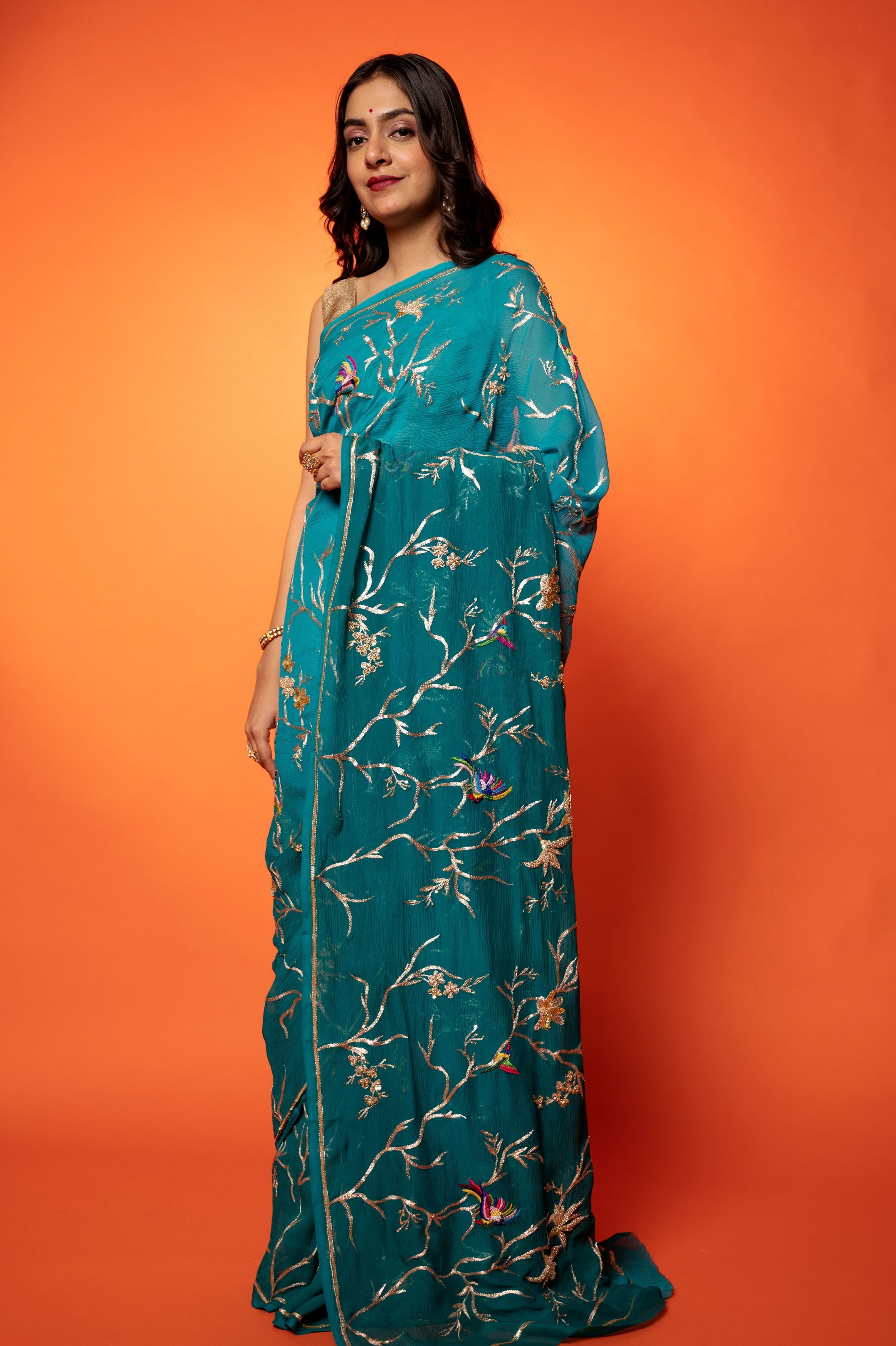 Rama Light dark Pure Chiffon aari resham jaal handwork saree