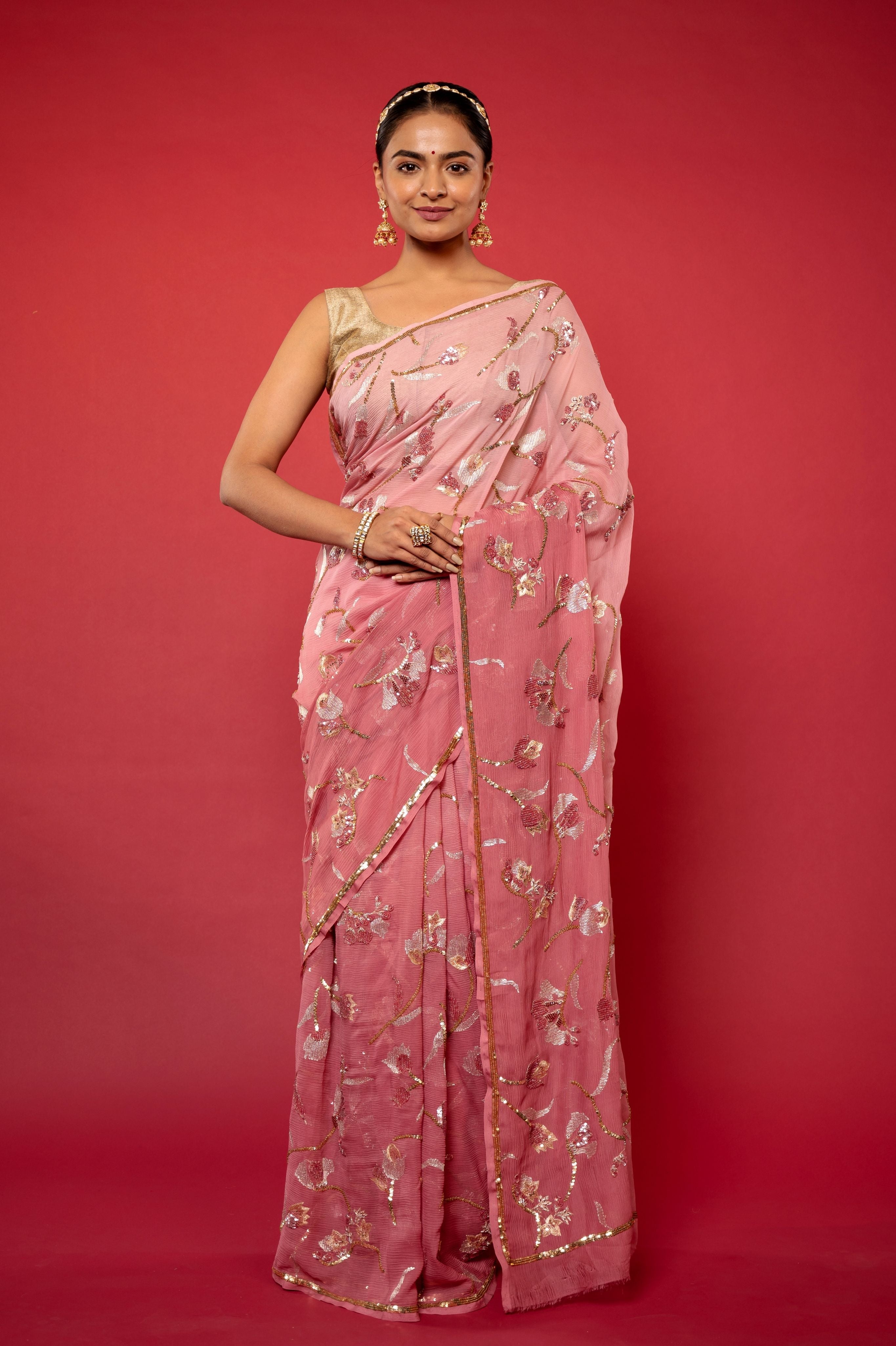 Peach light dark Pure Chiffon aari sequins jaal handwork saree