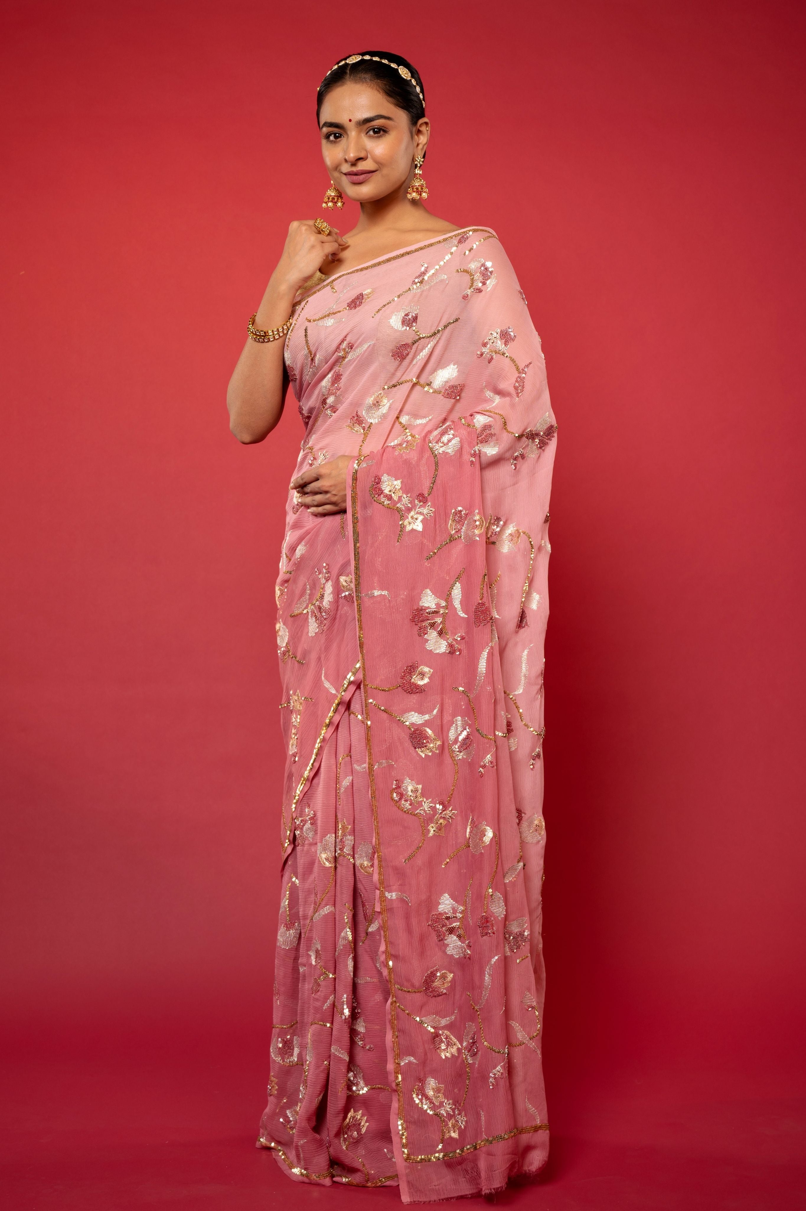 Peach light dark Pure Chiffon aari sequins jaal handwork saree