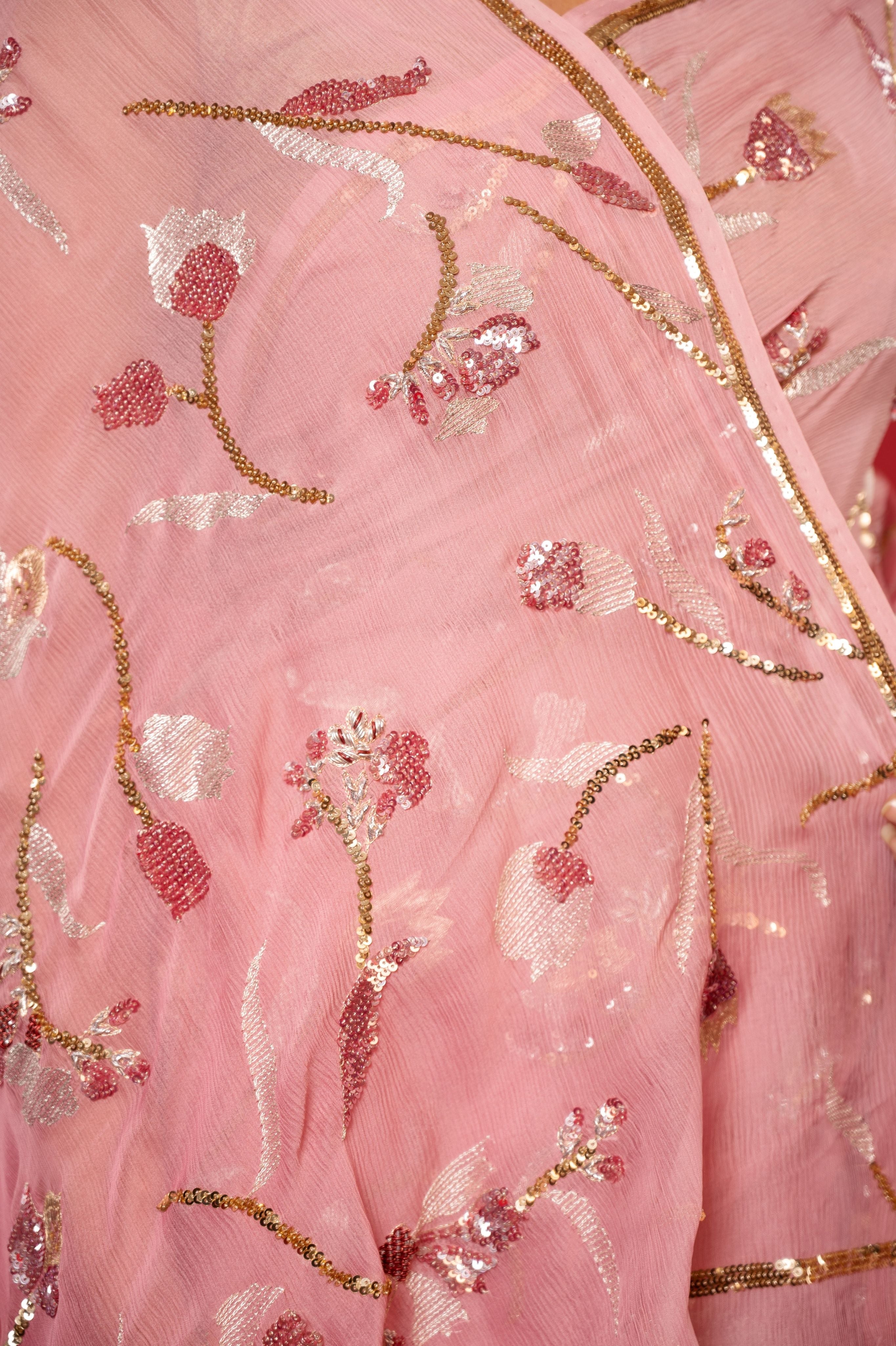 Peach light dark Pure Chiffon aari sequins jaal handwork saree