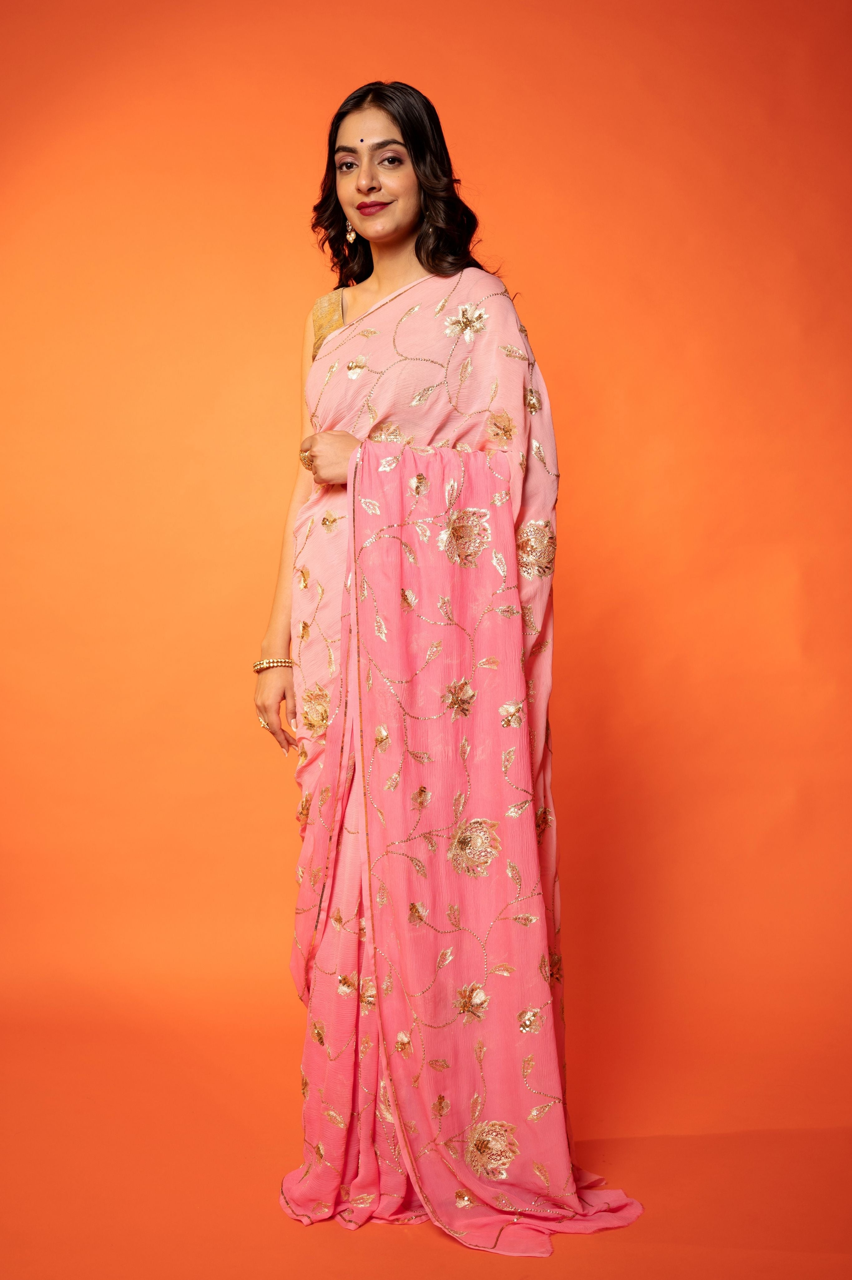 Pink light dark Pure Chiffon aari sequins jaal handwork saree